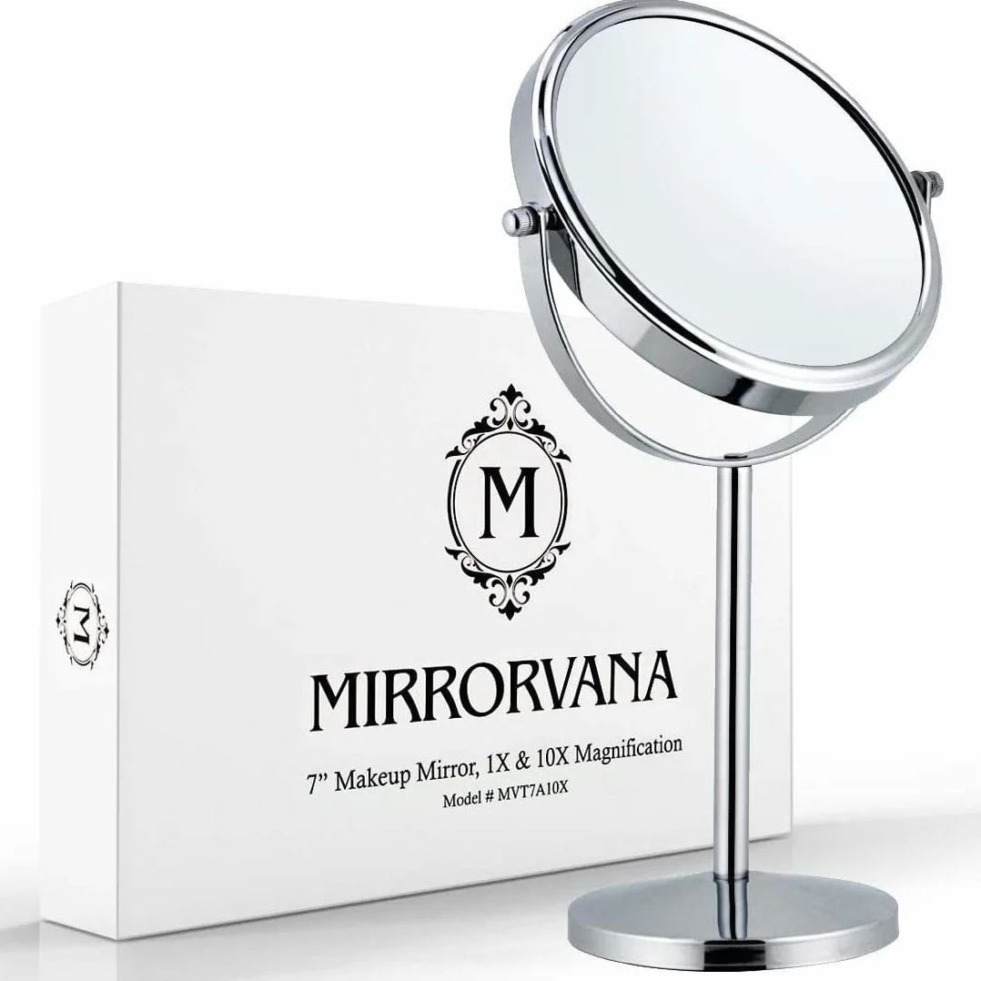 MIRRORVANA Lustro powiększające x10, okrągłe lusterko do łazienki, lusterko stołowe do makijażu z obrotem 360, lusterko powiększające na stojaku 10 razy i 1 raz, 18cm