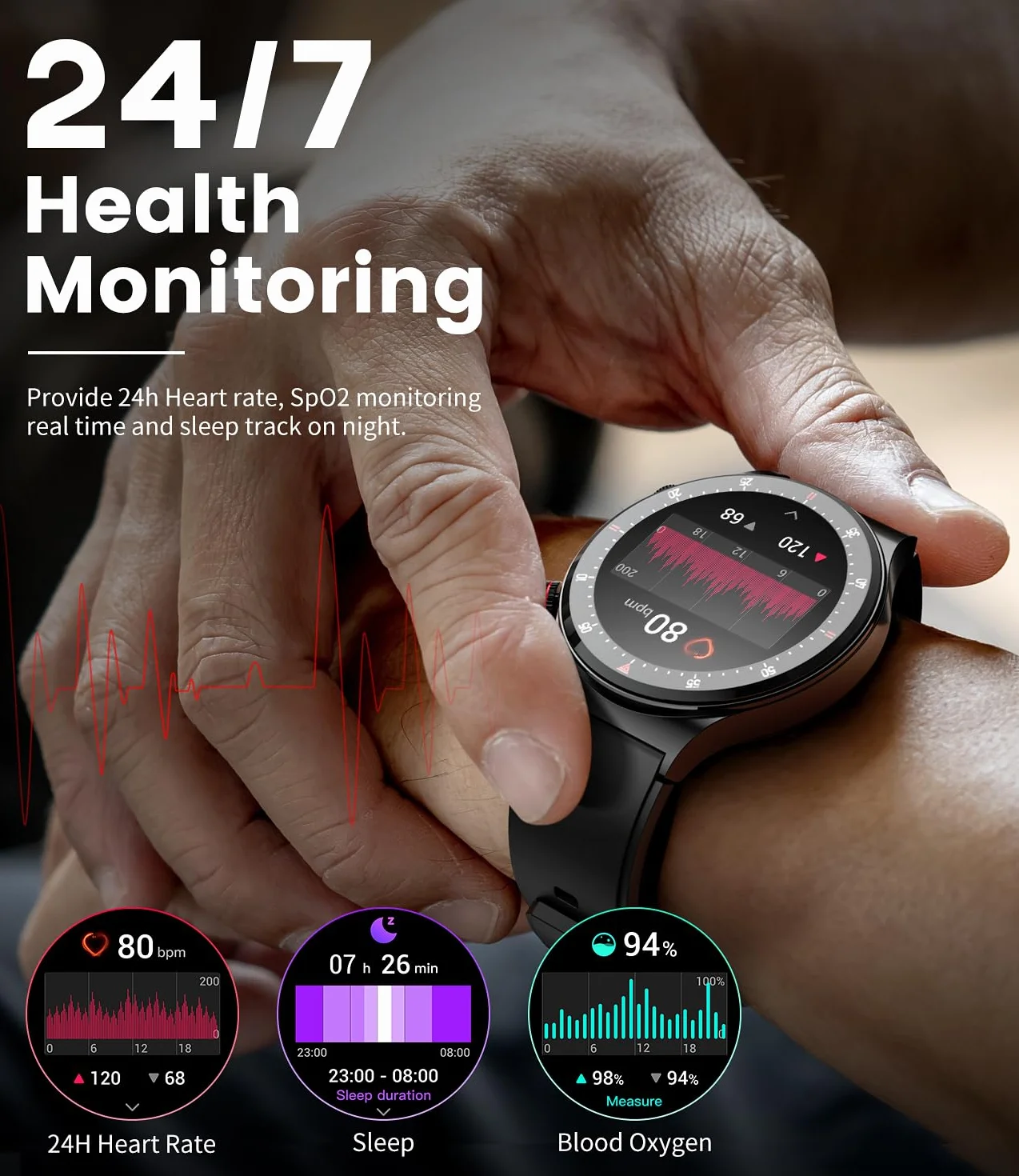 LIGE męski inteligentny zegarek z połączeniem Bluetooth, 1,39" ekran Amoled Smart Watch z 24/7, tętno, SpO2, monitor snu dla Androida iOS, 110+ Sportmodi, wodoodporny IP68, 200+ tarcza