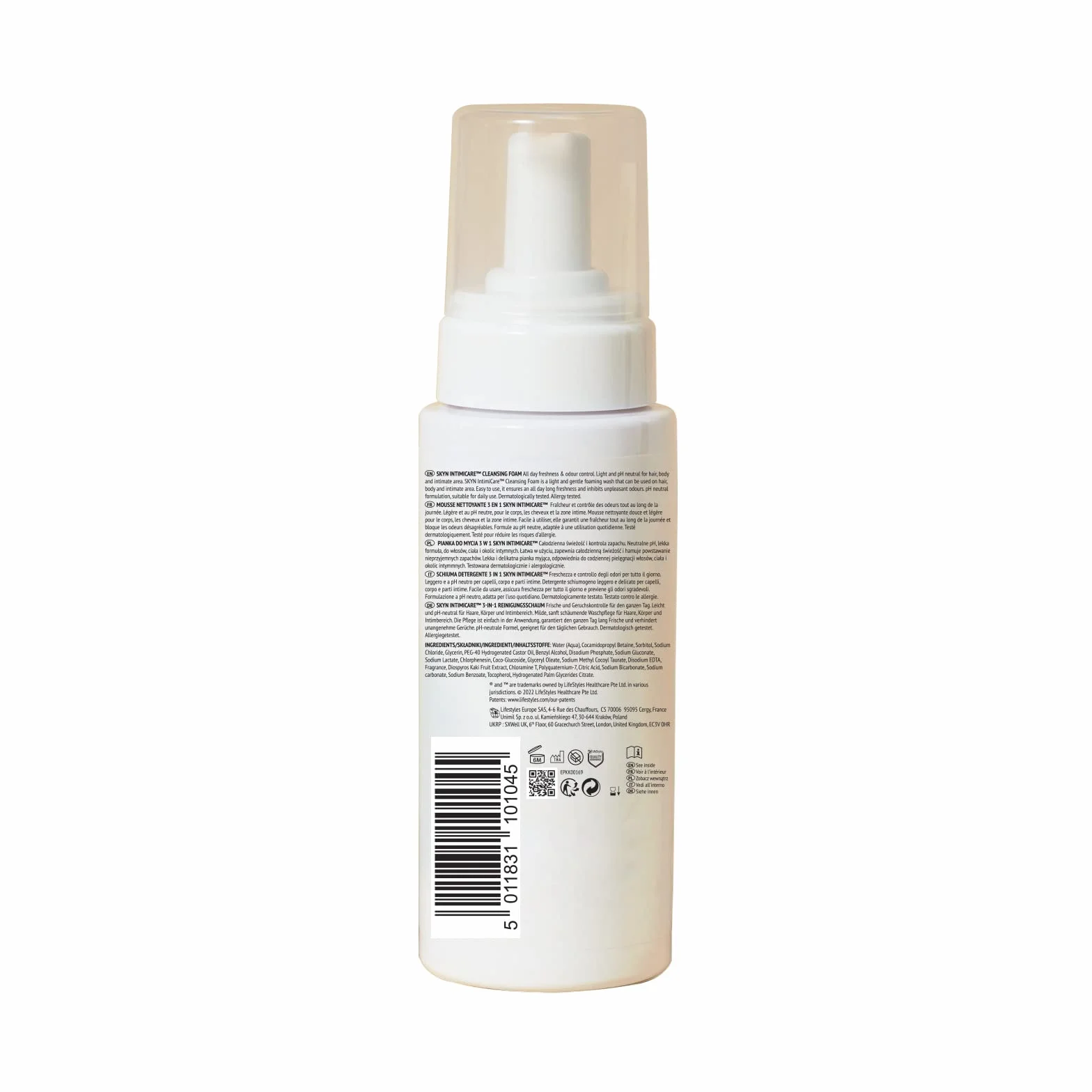 SKYN Intimicare: Pianka oczyszczająca intymna 3 w 1 (200 mL) dla mężczyzn i kobiet do włosów, ciała i okolic intymnych/nawilżenia, kontrola zapachu, pH zrównoważone. Testowana dermatologicznie