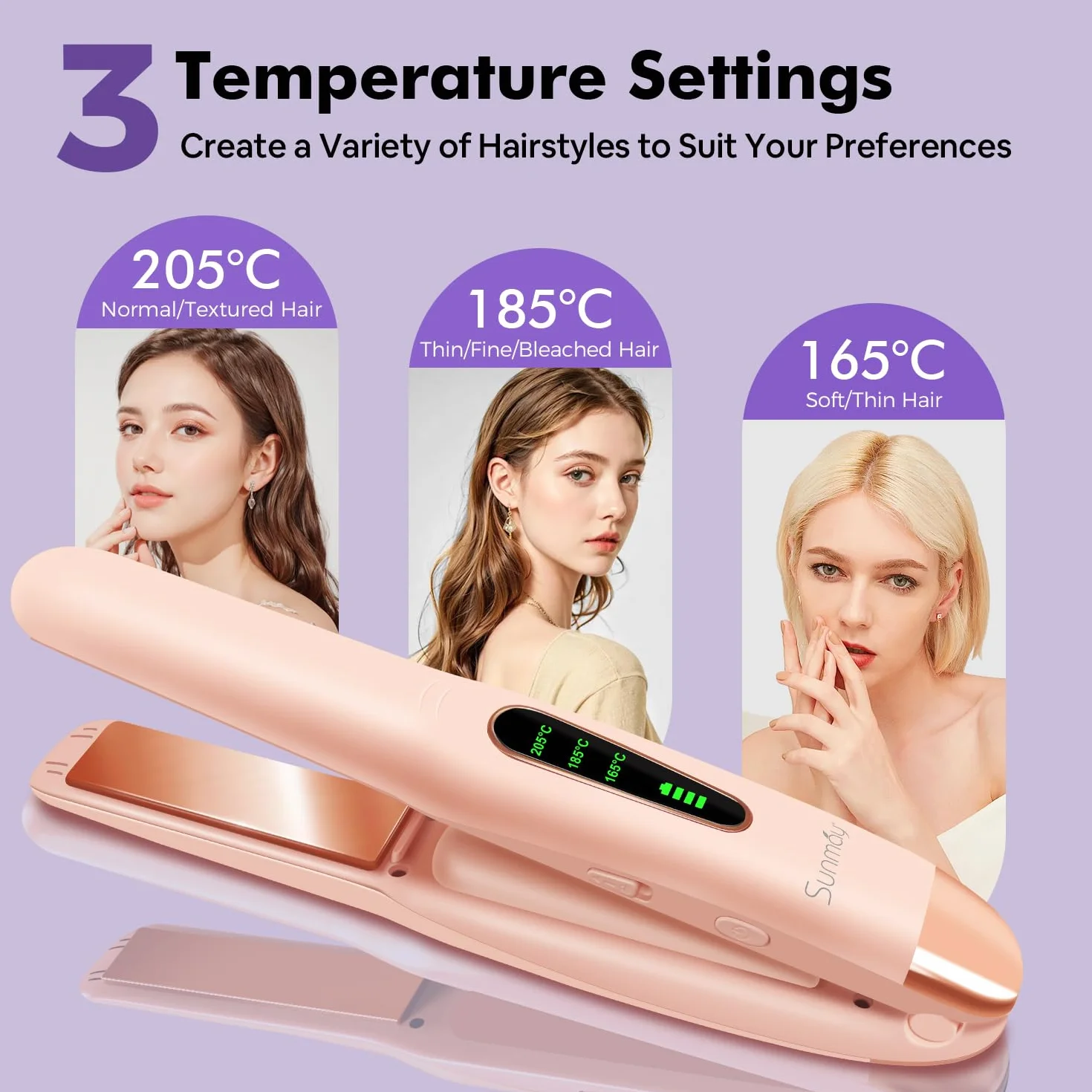 SUNMAY Voga bezprzewodowa prostownica z akumulatorem 5000 mAh, tytanowa prostownica do włosów i lokówka 2 w 1, mini prostownica podróżna, 3 regulowane temperatury, szybsze nagrzewanie (różowa)
