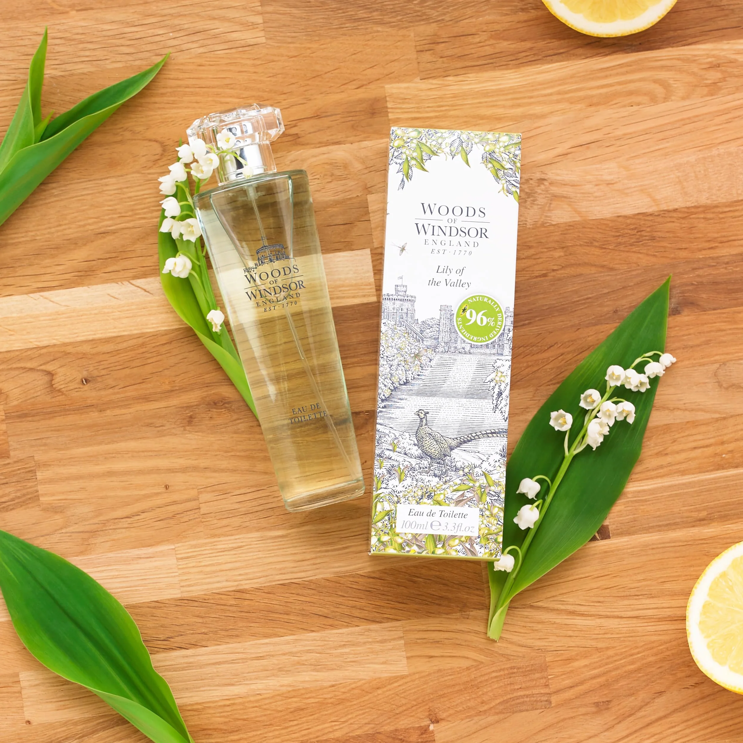 Woods of Windsor Woda toaletowa Lilly of the Valley, kwiatowe perfumy damskie z nutami zroszonych zielonych liści, olejku geranium i cytrusów, zapach konwalii 100ml