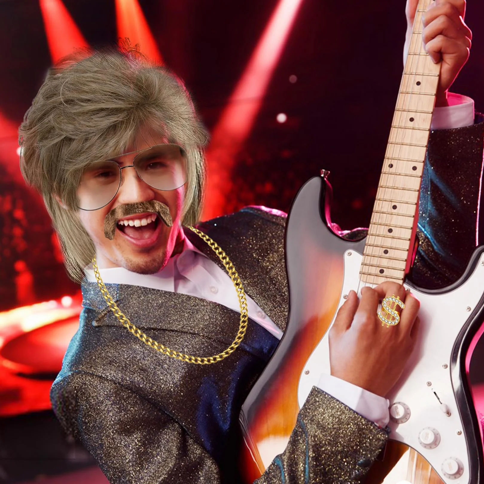 80s strój męskie peruki zestaw 5 akcesoriów hipisowskich 70s 80s Mullet peruka męska dla Cosplay kostium na Halloween impreza tematyczna