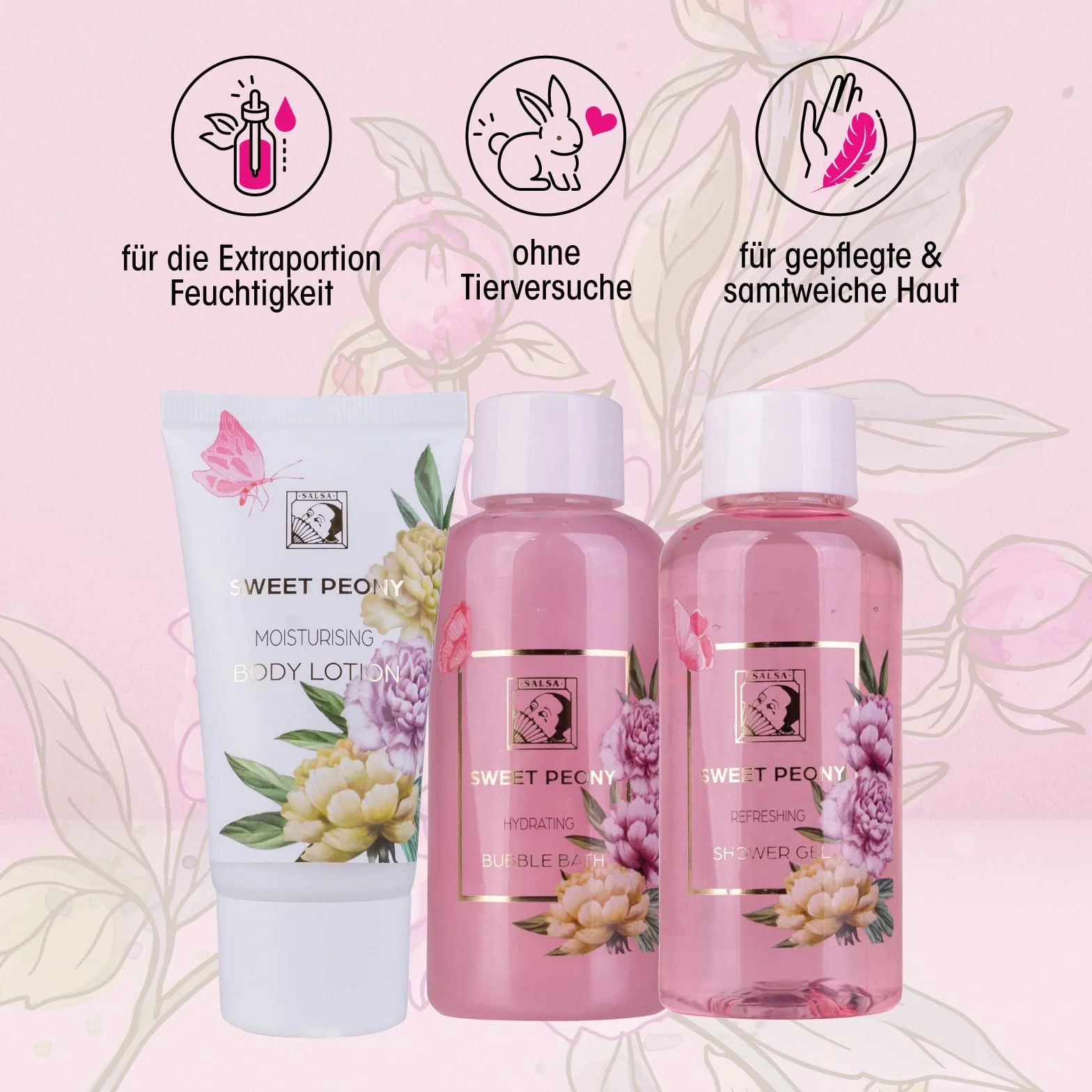 Accentra Zestaw prysznicowy dla kobiet, zestaw upominkowy Sweet PEONY w pięknym pudełku prezentowym – 3-częściowy zestaw do pielęgnacji z żelem pod prysznic, balsamem do ciała i kąpielą bąbelkową –