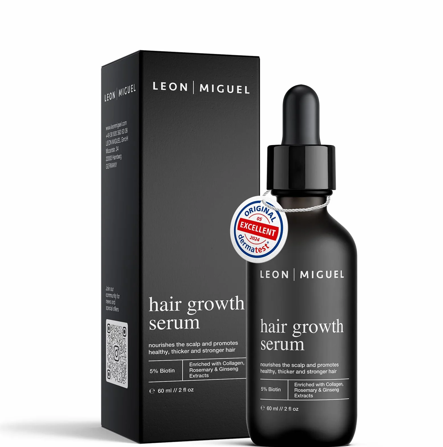 Leon Miguel Serum na porost włosów z biotyną 5% i żeń-szeniem – alternatywa dla szybszego wzrostu włosów, zatrzymania wypadania włosów, mocniejszych i grubszych włosów, wegańskie i wolne od parabenów