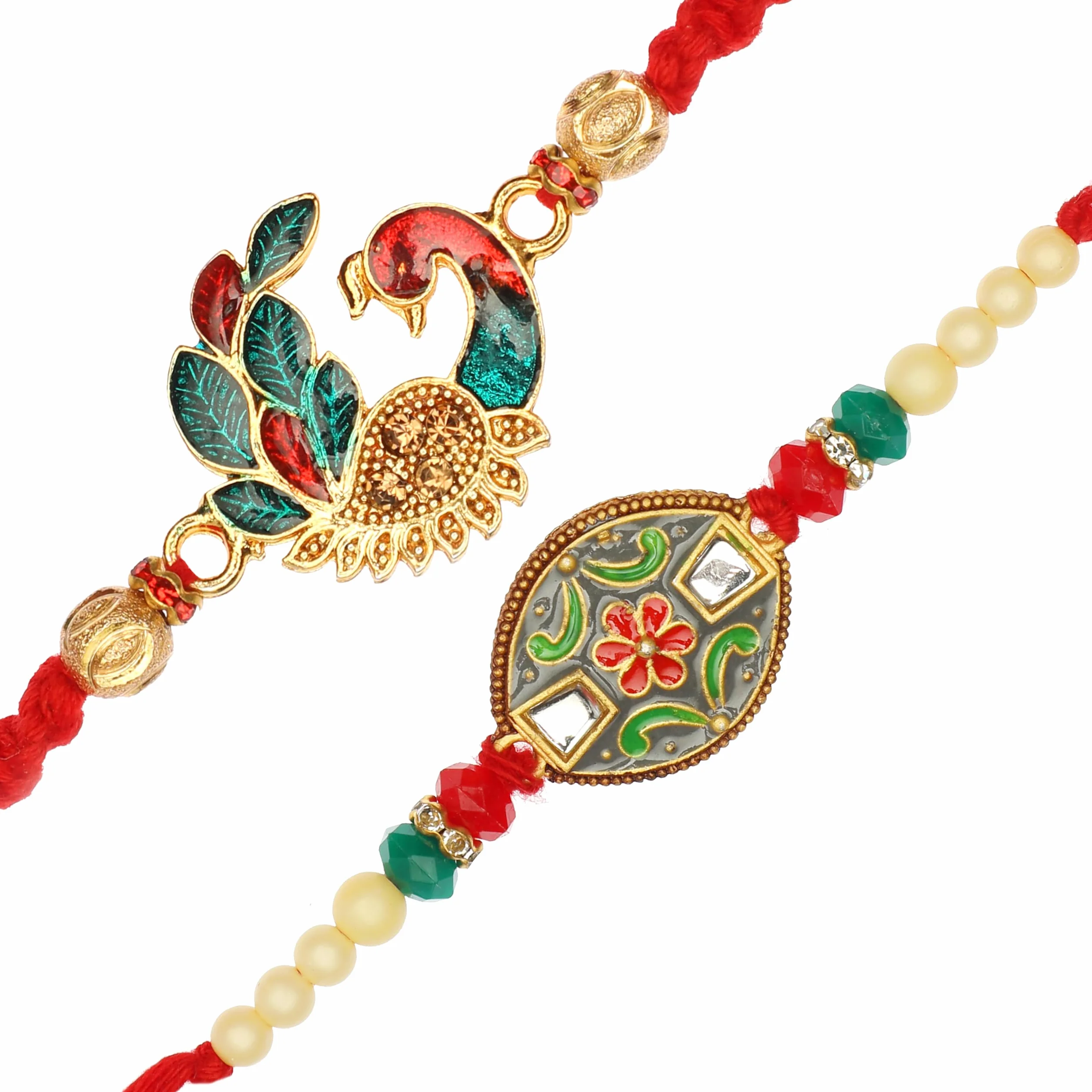 Aditri Creation Zestaw 2 rakhi dla brata, Rakhi dla Bhai, Bhaiya, Veera, Rakhi, bransoletka z nicią, Dora do Raksha, bandhan, opakowanie prezentowe z uchwytem Tilak Copra Kumkum Plate dla Pooja Indian