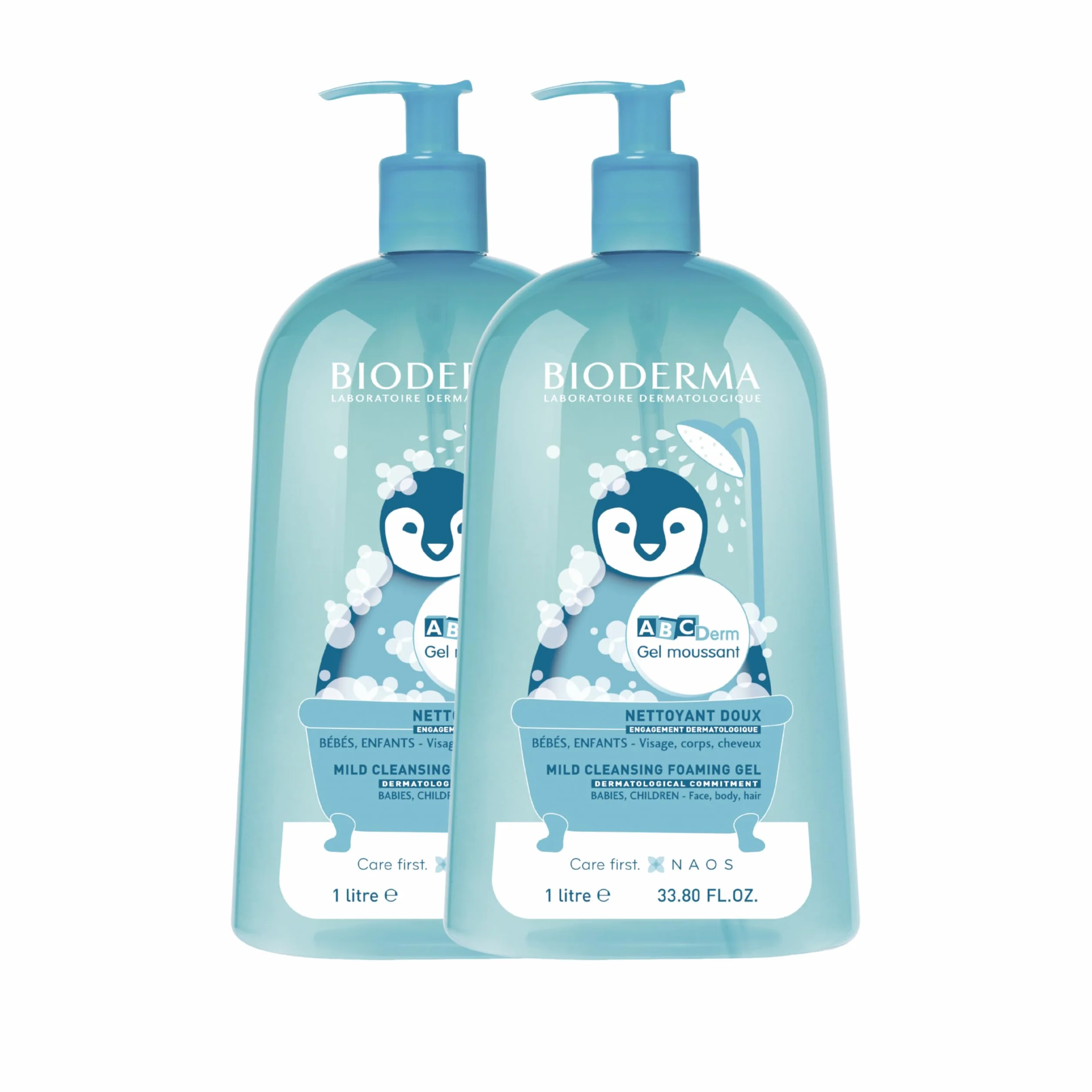 ABCDerm Soft Foam Cleaner | Szanuje równowagę skóry i włosów | Miękka skóra i włosy | Do ciała, twarzy i włosów | Wyprodukowano we Francji | Zestaw 2x1L