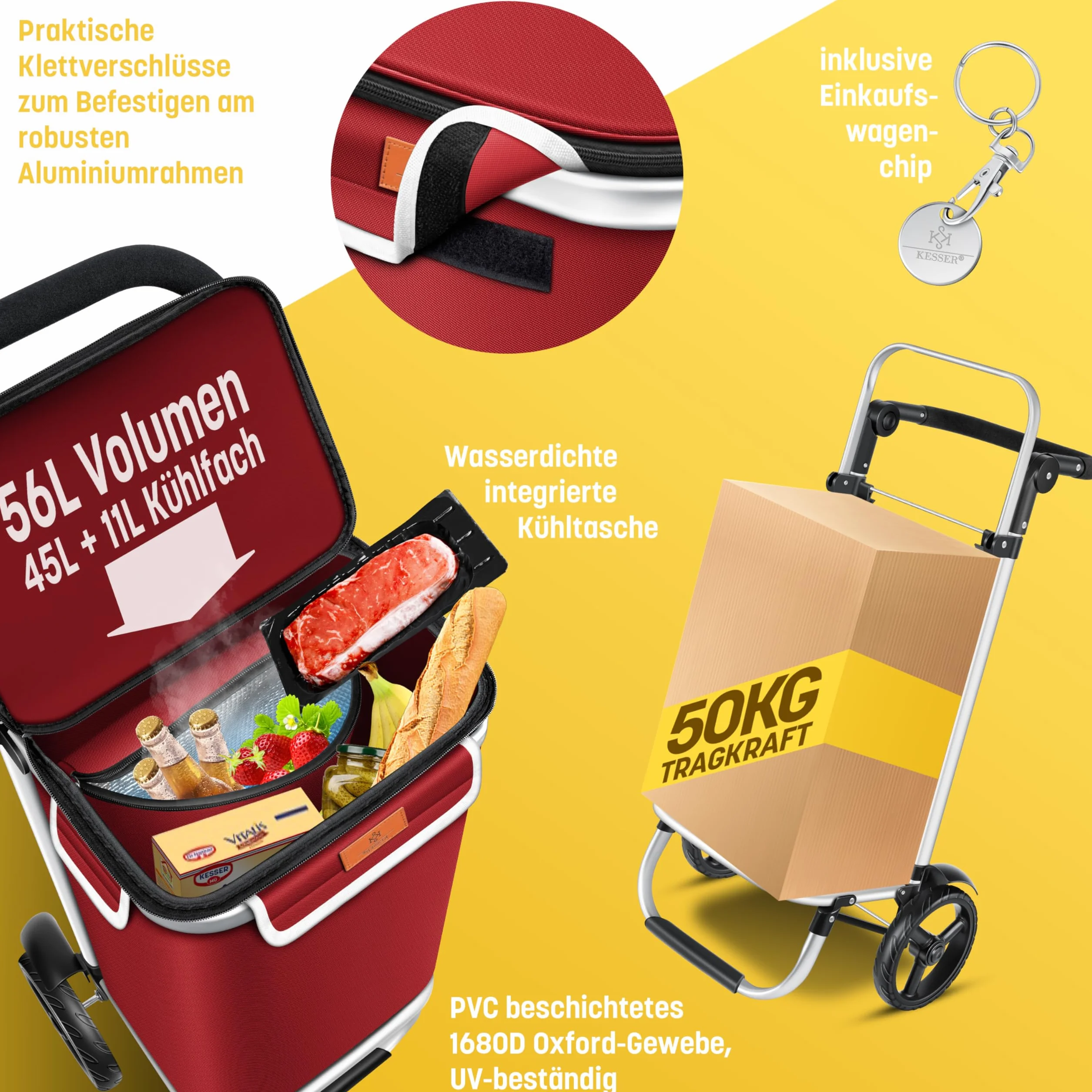 Kesser® Wózek zakupowy, składany, 56 l pojemności, obciążenie do 50 kg, wózek transportowy 3 w 1, wózek na zakupy, w zestawie komora chłodząca i żeton na zakupy, do pokonywania schodów, bordowy