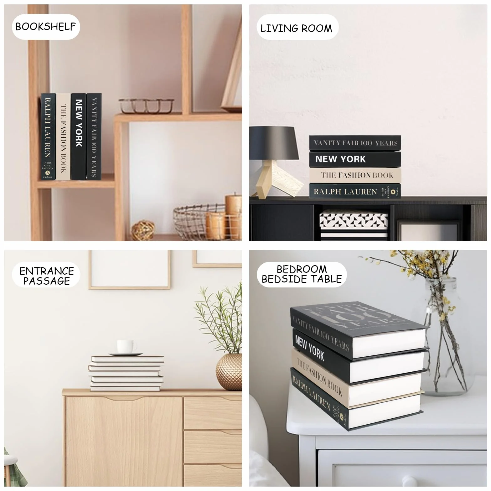 Książki dekoracyjne (4), papier i karton, szary, modny design, nowoczesna dekoracja domu, zestaw 4 szt