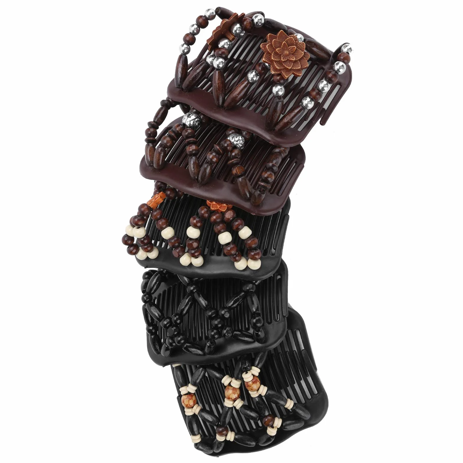 5 szt. podwójne spinki do włosów, Magic Hair Comb, podwójny grzebień do włosów, drewniane koraliki podwójny grzebień do włosów elastyczny klips damskie akcesoria do włosów, narzędzia do stylizacji