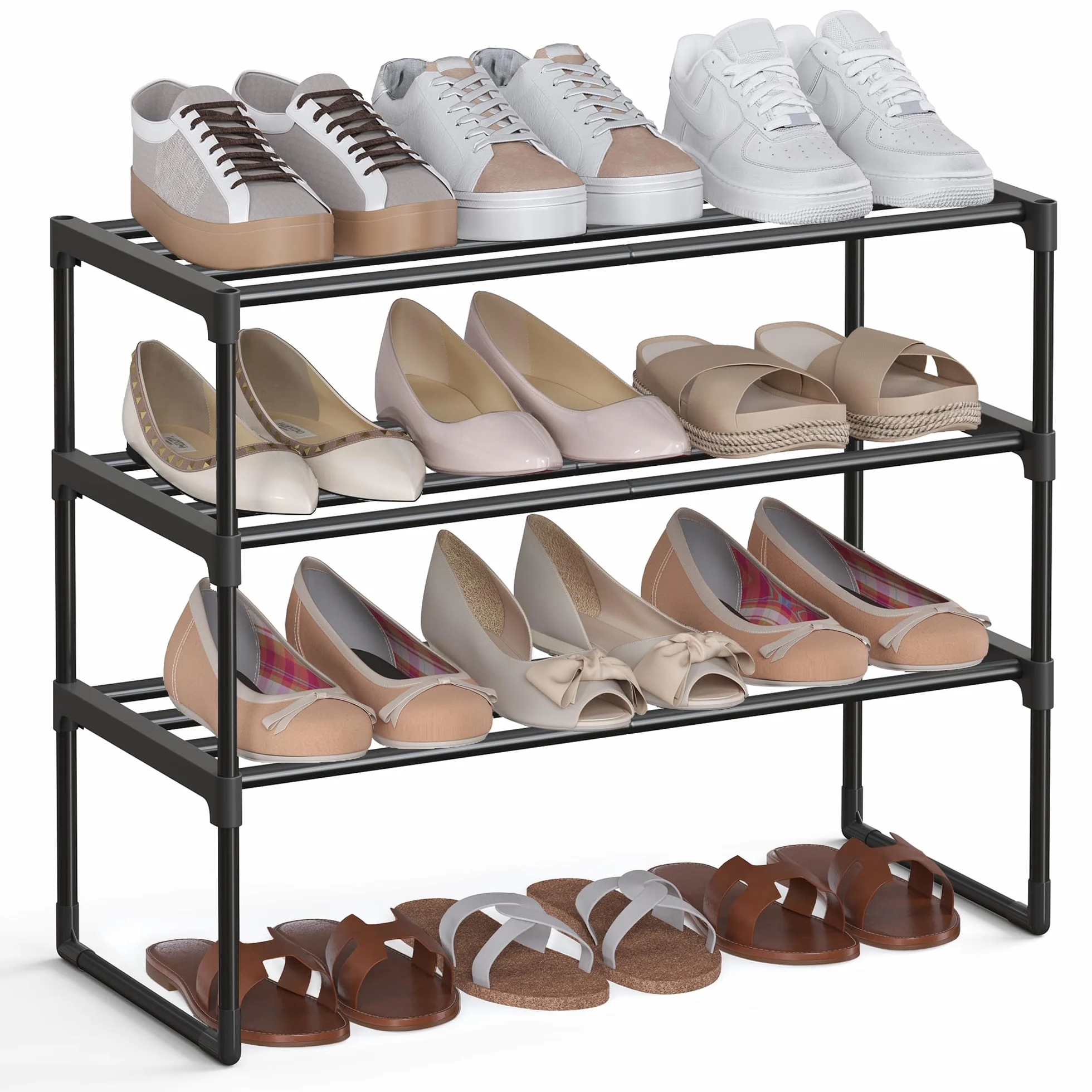 SONGMICS 3-poziomowy stojak na buty, metalowy organizer na buty, pionowy lub do góry nogami, na 8-12 par butów, 30 x 68 x 55 cm, czarny LSA203B01