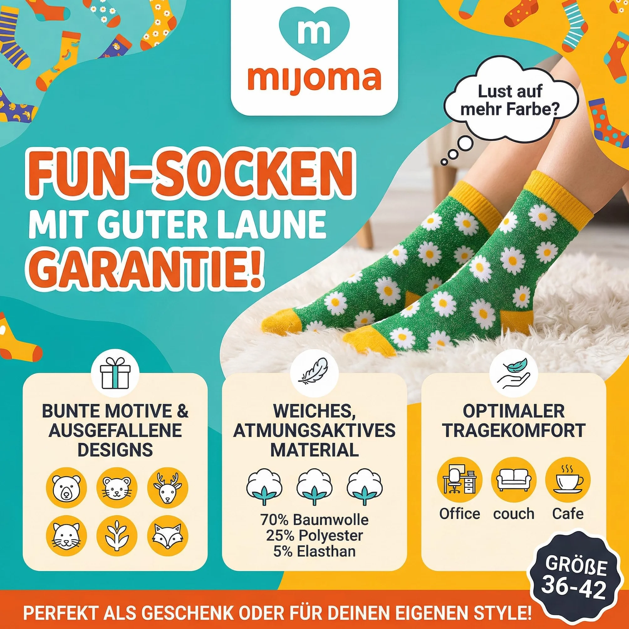 MIJOMA Damskie zabawne skarpety – kolorowe skarpety z fantazyjnymi wzorami – zabawne skarpety bawełniane na co dzień, na czas wolny i do biura