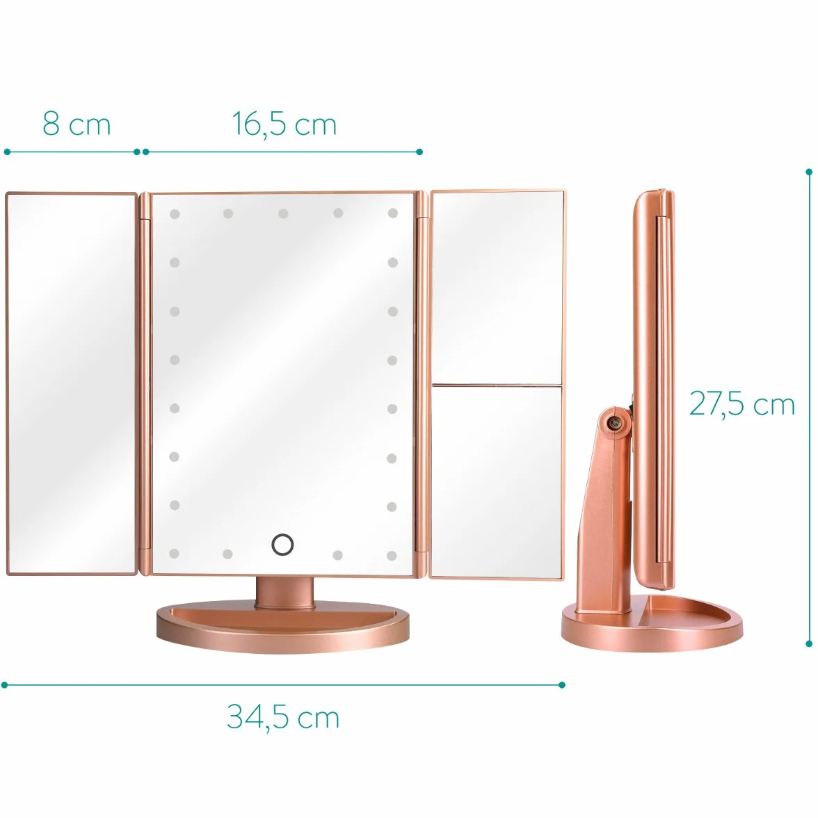 Navaris Składane lusterko do makijażu LED - podświetlane powiększające lusterko kosmetyczne do makijażu z lusterkami powiększającymi x2x3 - różowe złoto