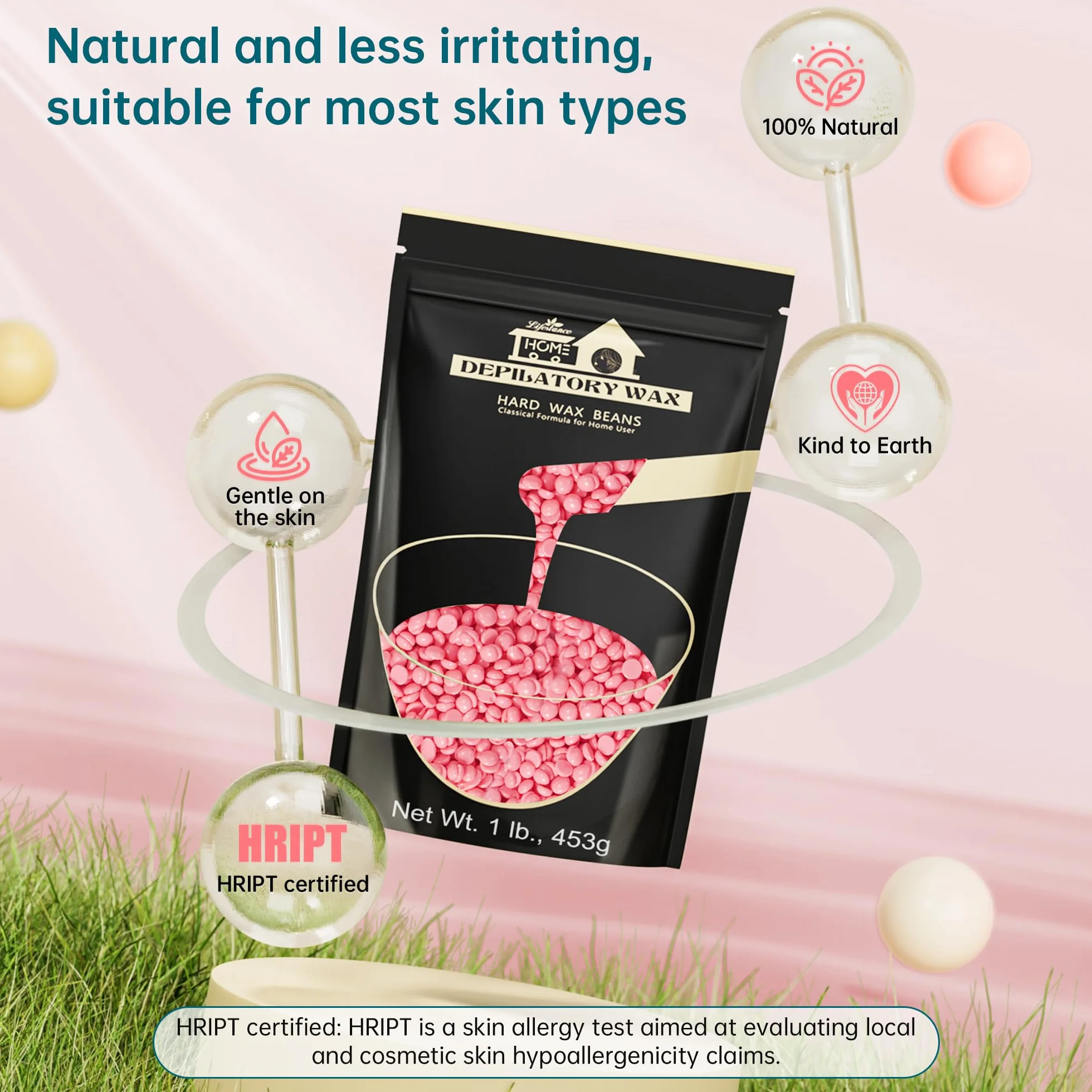 Lifestance Koraliki woskowe, 450 g, różowe koraliki woskowe, brazylijski wosk bikini z 10 aplikatorami, koraliki woskowe bez pasków do twarzy, górnej wargi, nóg, brwi do delikatnego usuwania włosów.