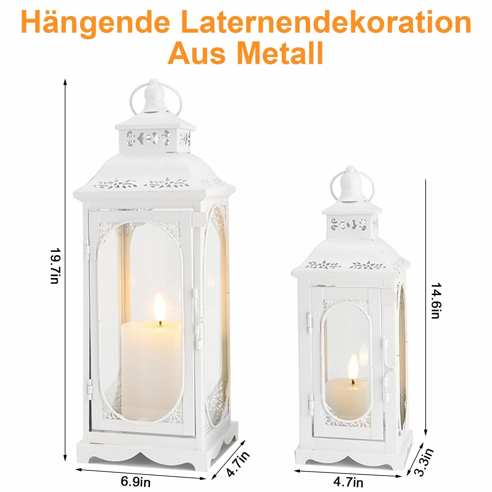 Zestaw 2 lampionów ogrodowych, latarnie dekoracyjne, do użytku na zewnątrz i wewnątrz, na balkon i do ogrodu, w stylu retro, dekoracja mieszkania, Boże Narodzenie, Halloween, świecznik (biały)