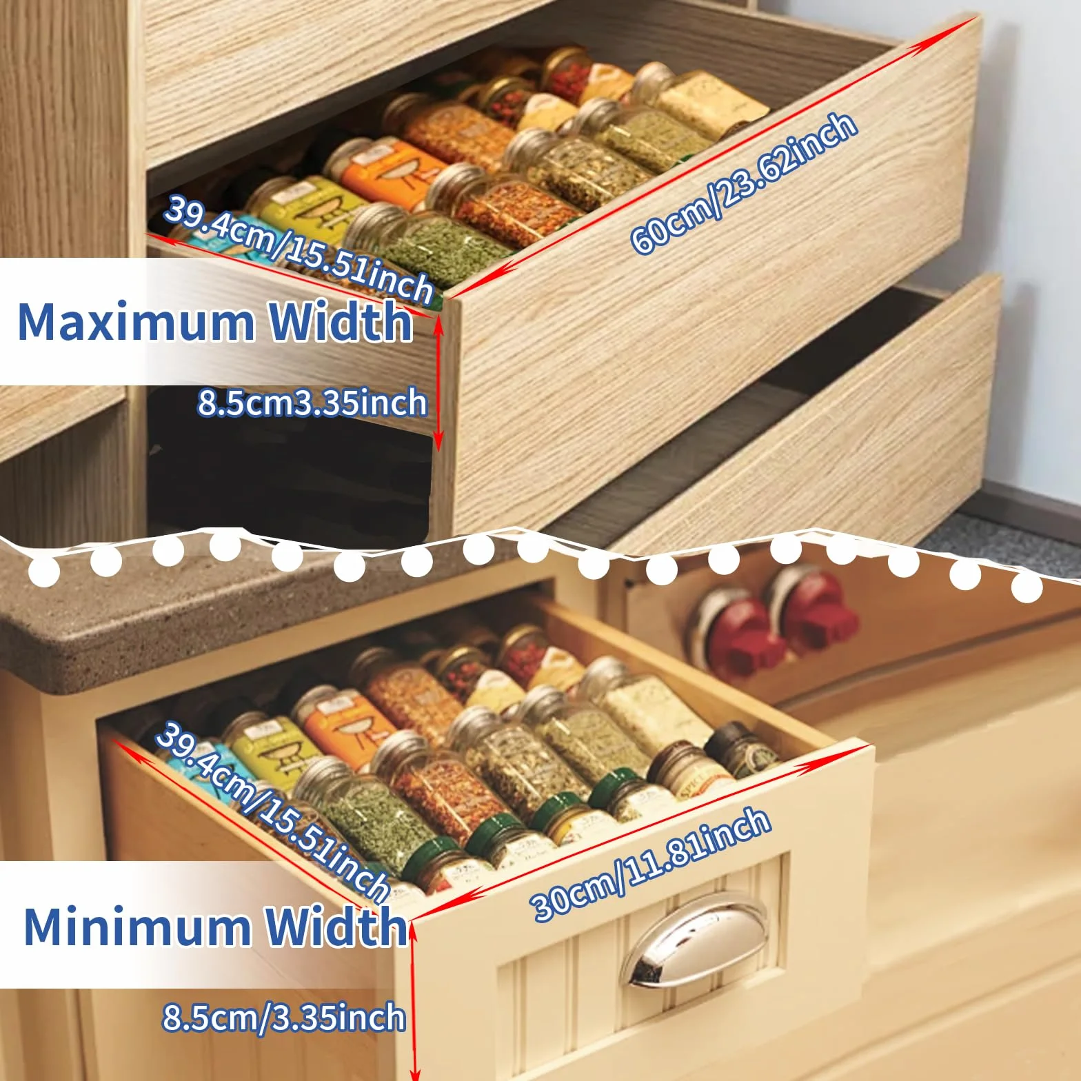 Akcesoria do szuflady na przyprawy – szerokość regulowana od 30 cm do 60 cm – czteropoziomowy design – idealne do organizowania przypraw w kuchni