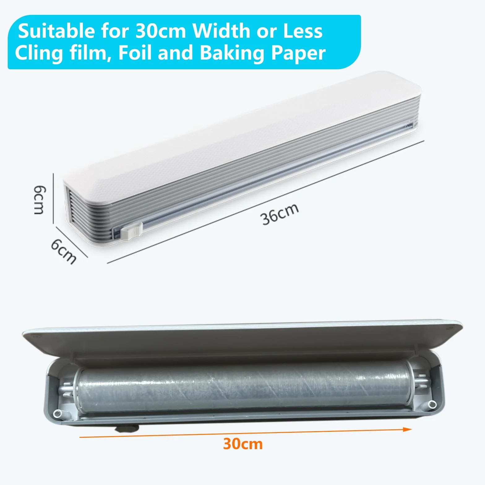 Dozownik folii spożywczej, przecinak do folii z tworzywa sztucznego, do kuchni, dozownik folii aluminiowej, montowany na ścianie, z folią aluminiową, z pojemnikiem do przechowywania