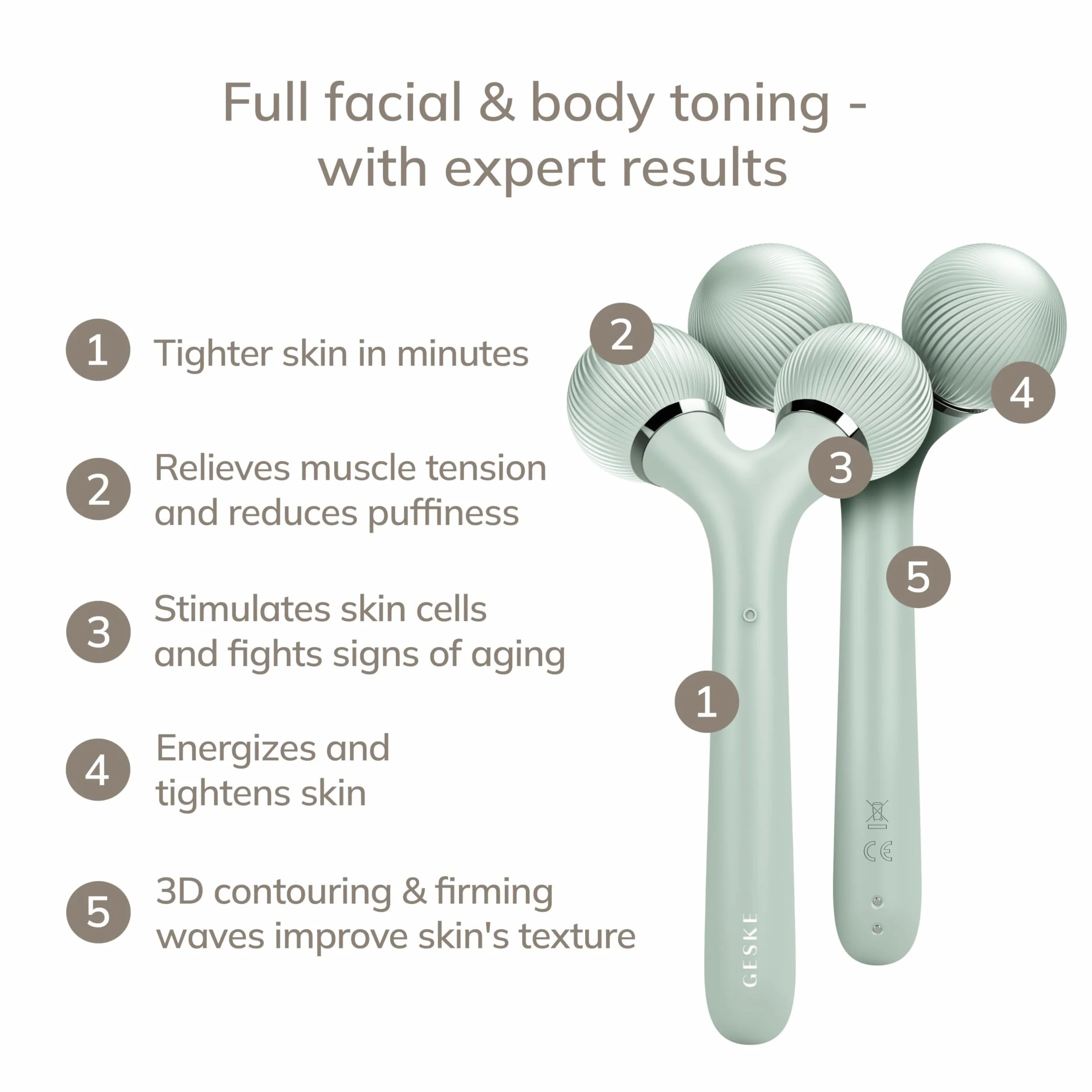 GESKE | SmartAppGuided™ Soniczny roller do twarzy i ciała | 4 w 1 | Derma Roller | Roller do skóry | Urządzenie do twarzy i ciała | Profesjonalny wałek do twarzy | Ujędrnia i upiększa ciało i twarz
