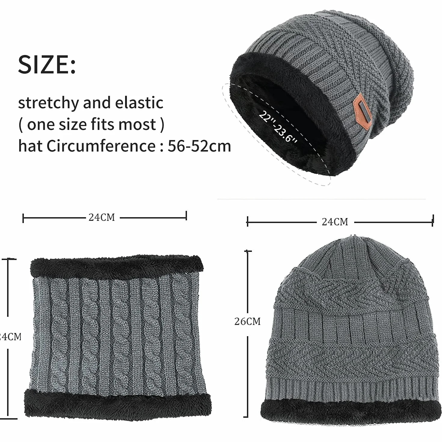Zimowa czapka beanie, zestaw szalików, podszewka z polaru, ciepła dzianinowa czapka i ocieplacz na szyję, zimowa outdoorowa czapka narciarska i komin dla mężczyzn kobiet, szary, Rozmiar uniwersalny