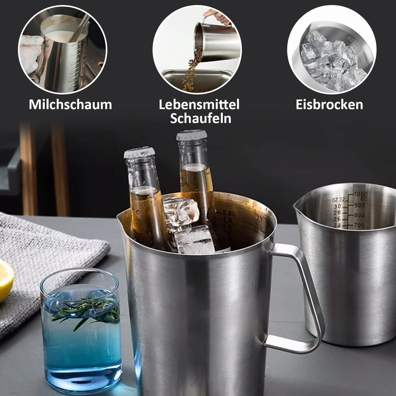 Kubek z miarką 1 l, ze stali nierdzewnej, dzbanek na mleko, kubek z miarką, dzbanek na mleko, wodę, lemoniadę, koktajle i soki