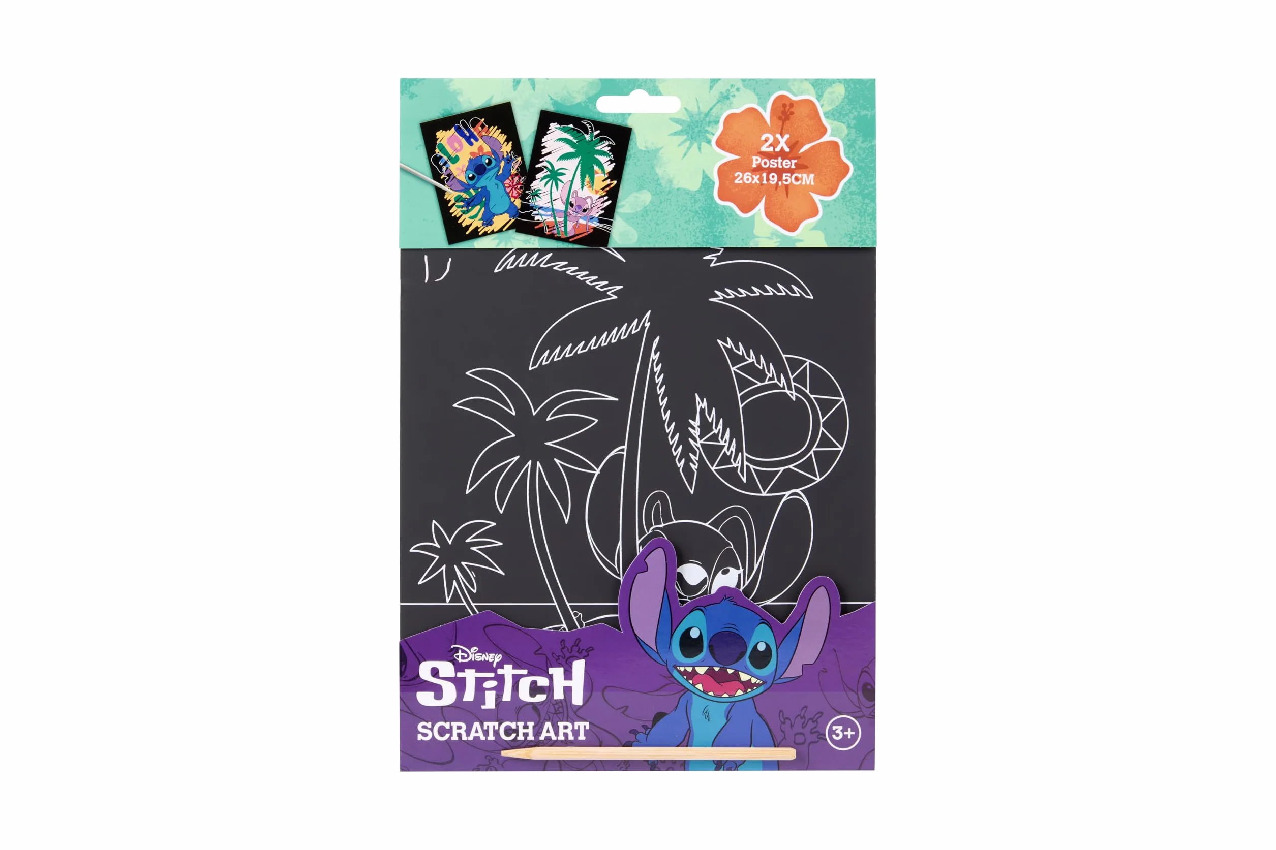 Disney Stitch zestaw obrazów do zdrapywania dla dzieci, kreatywna sztuka drapania z 2 dużymi plakatami, 26 x 19,5 cm, w zestawie drewniany pisak do drapania, efekt tęczy, zestaw do malowania od 3 lat