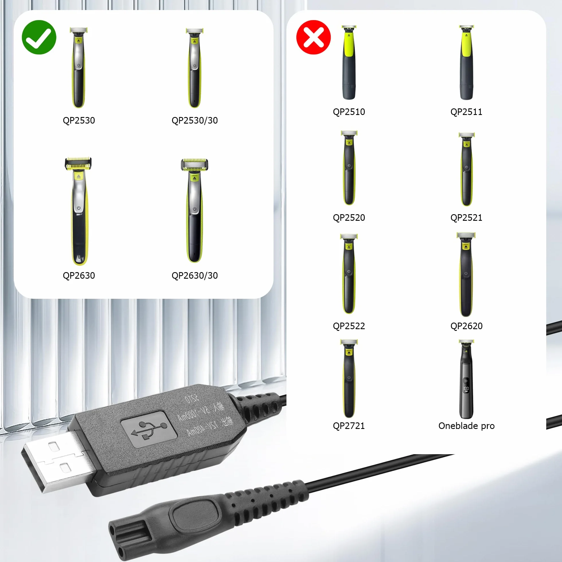 YAODHAOD 8V golarka kabel do ładowania do Philips Norelco One Blade QP2530 QP2630 HQ850 HQ912 HQ913 HQ914 HQ915, USB Beard Trimmer zasilacz