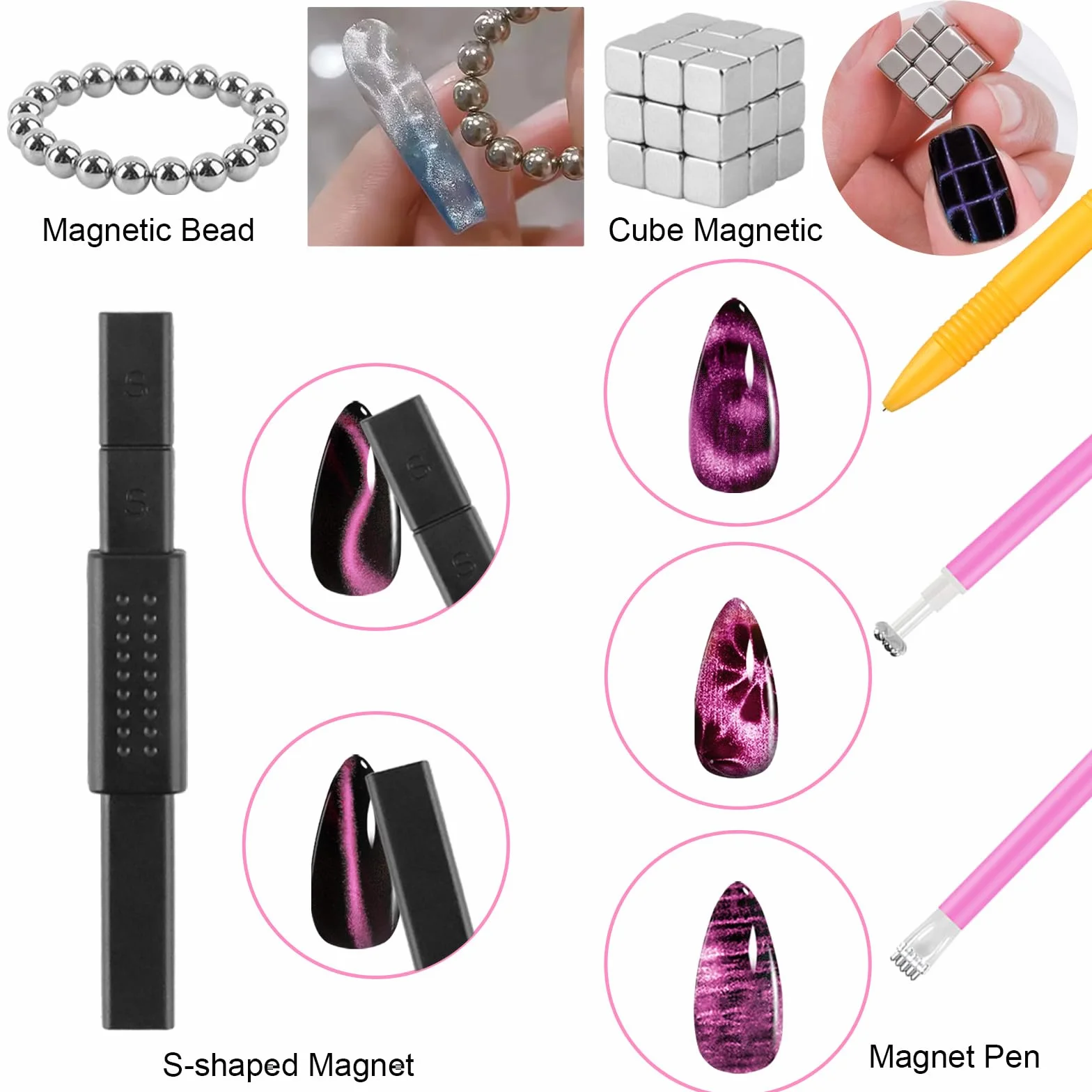 EBANKU 54PCS Cat Eye Nail Magnet Stick Set, 3 w 1 Magnetyczny Lakier do Paznokci, Długopis do Zdobienia Paznokci, żelowy Lakier do Paznokci Cat Eye Magnetic Nail Art Tools for Nail Salon