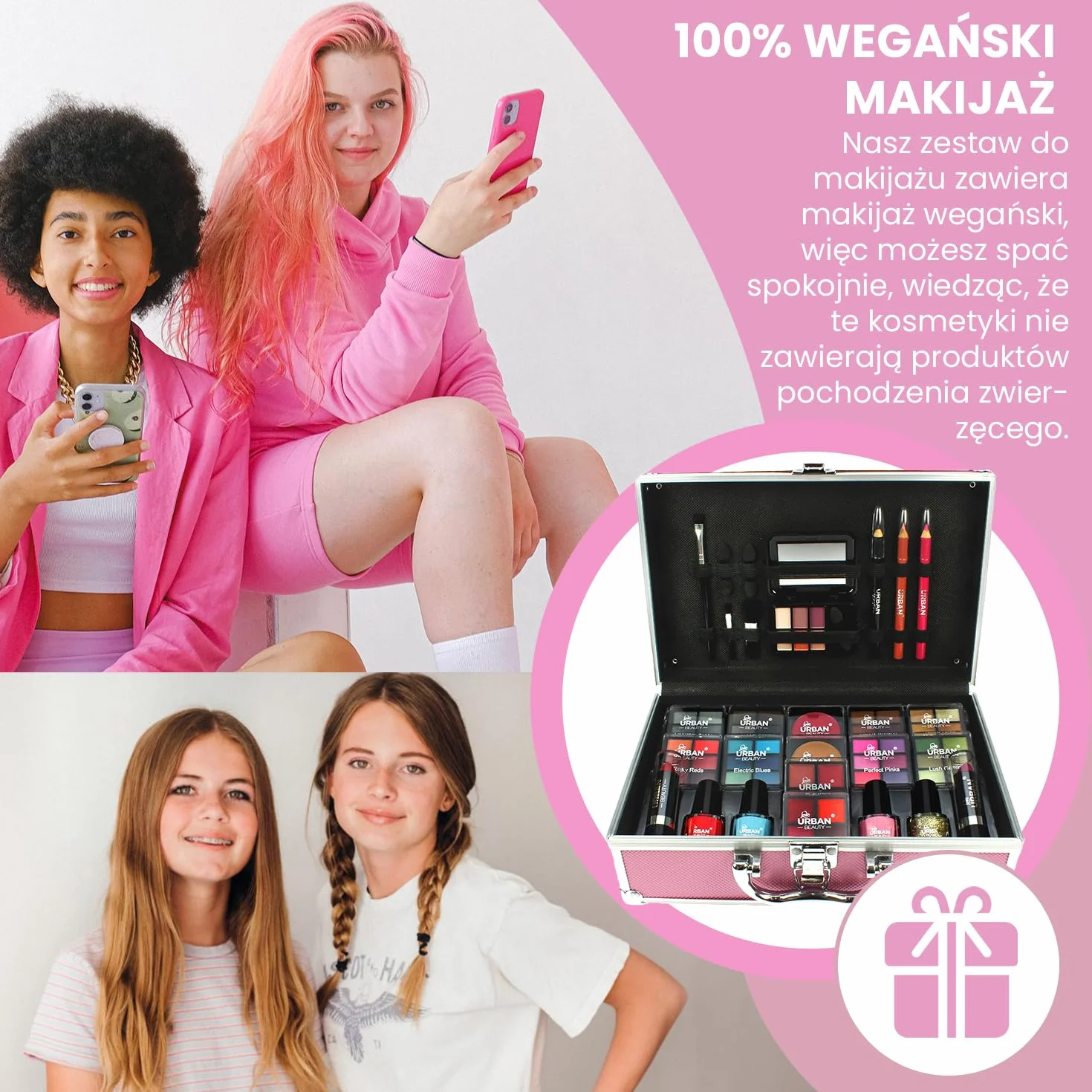 LOVE URBAN BEAUTY Wegański Gorący różowy kosmetyczka do makijażu 82-elementowy zestaw do makijażu dla nastolatków i kobiet z cieniami do powiek, różem