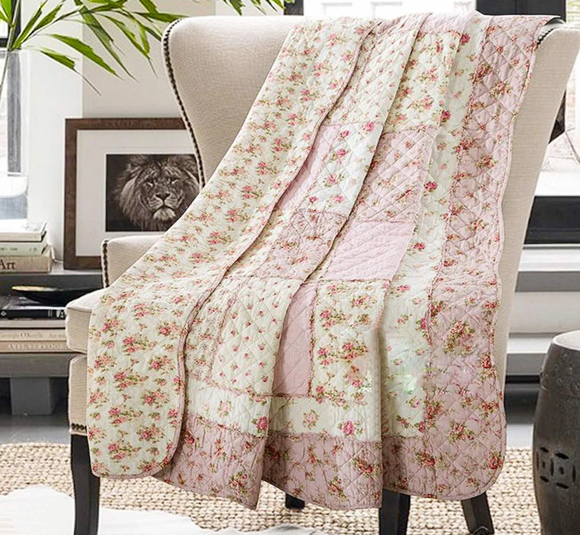 Cozyholy Oryginalna 100% bawełna, patchworkowa, kołdra, podwójna, różowa, kwiatowa, dwustronna, vintage, styl shabby chic, pikowana narzuta na łóżko, na kanapę, sofę