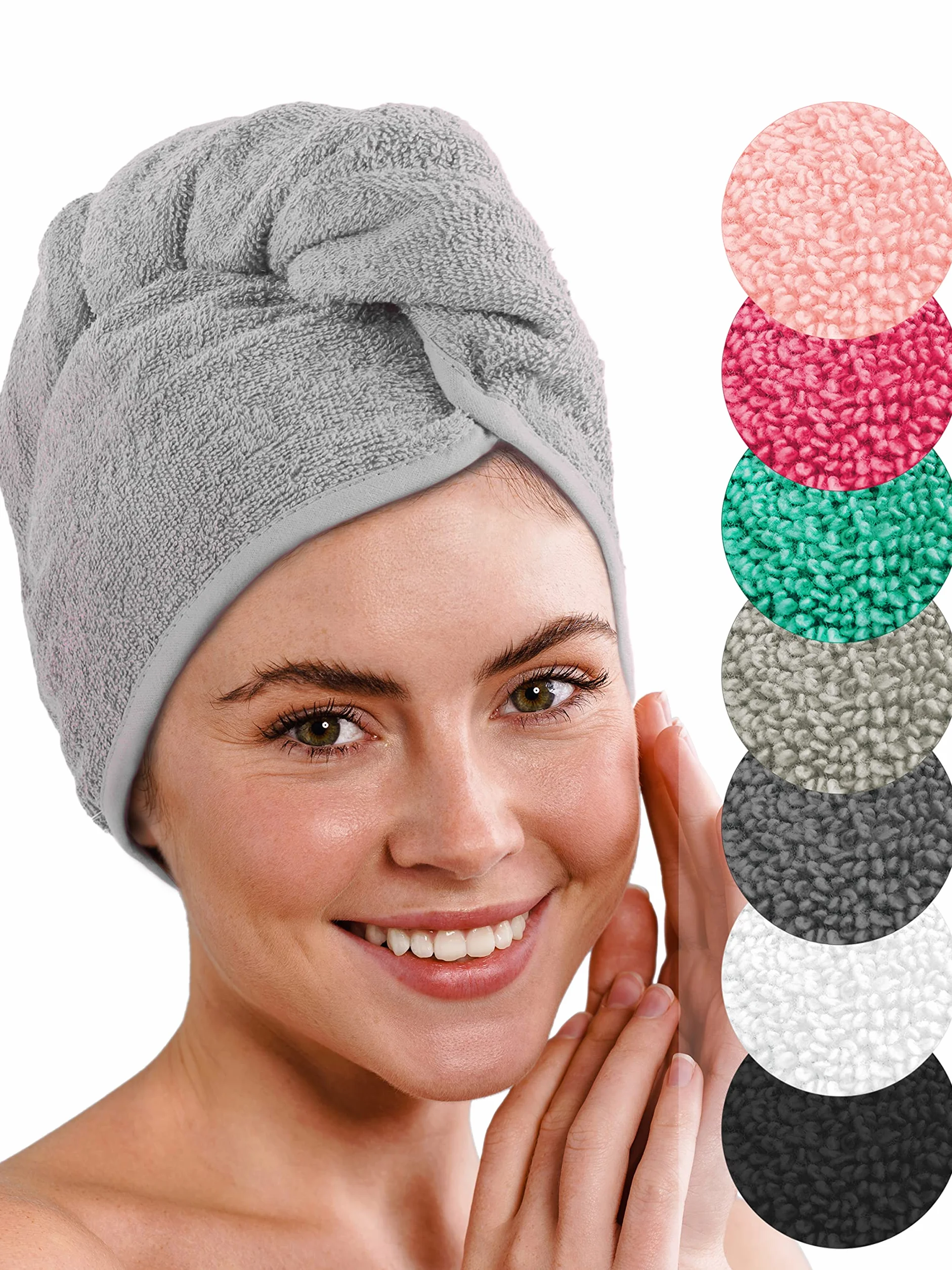 LAYNENBURG Wysokiej jakości turban do włosów z guzikiem ze 100% bawełny – ręcznik do włosów w zestawie z 4 gumkami do włosów – do krótkich i długich włosów – ręcznik turban jest szybkoschnący i