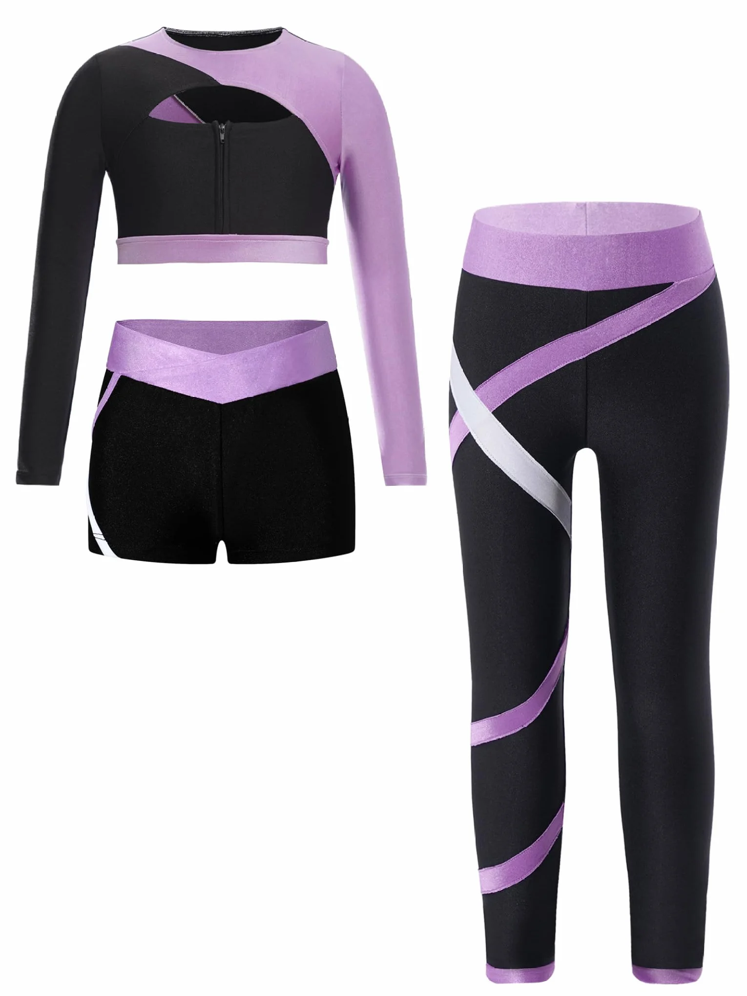 Dziewczęcy dres treningowy, legginsy sportowe i t-shirt, szorty crop top, zestaw 3 sztuk, dla dzieci, do uprawiania sportu, jogi, fitnessu, biegania