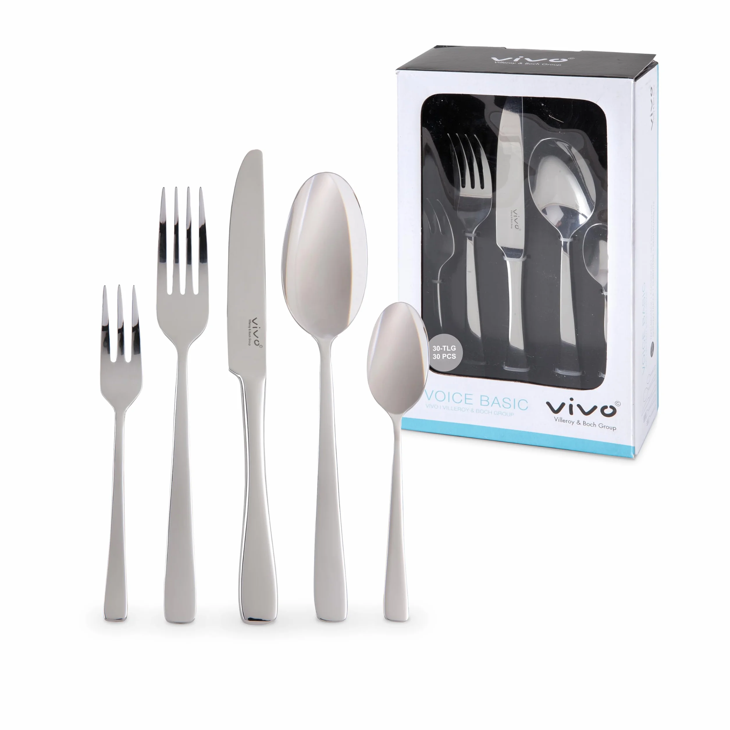 vivo by Villeroy & Boch – Voice Basic komplet sztućców, 30-cz., dla 6 osób, stal nierdzewna, odporne na korozję, można myć w zmywarce