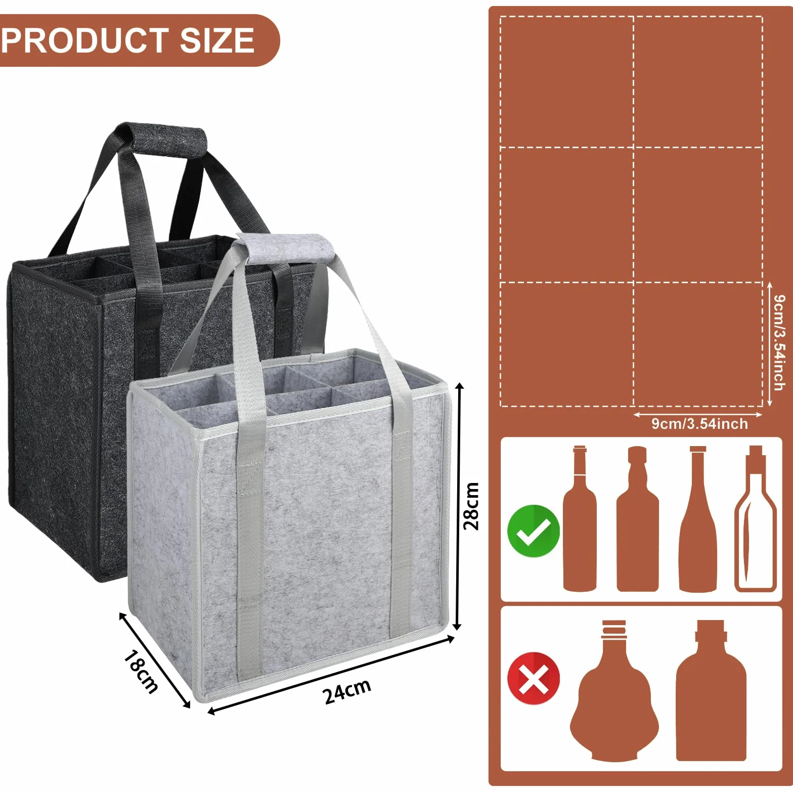 Torba na butelki z filcu z recyklingu, 6 przegródek, do butelek 1,5 l,2pcs