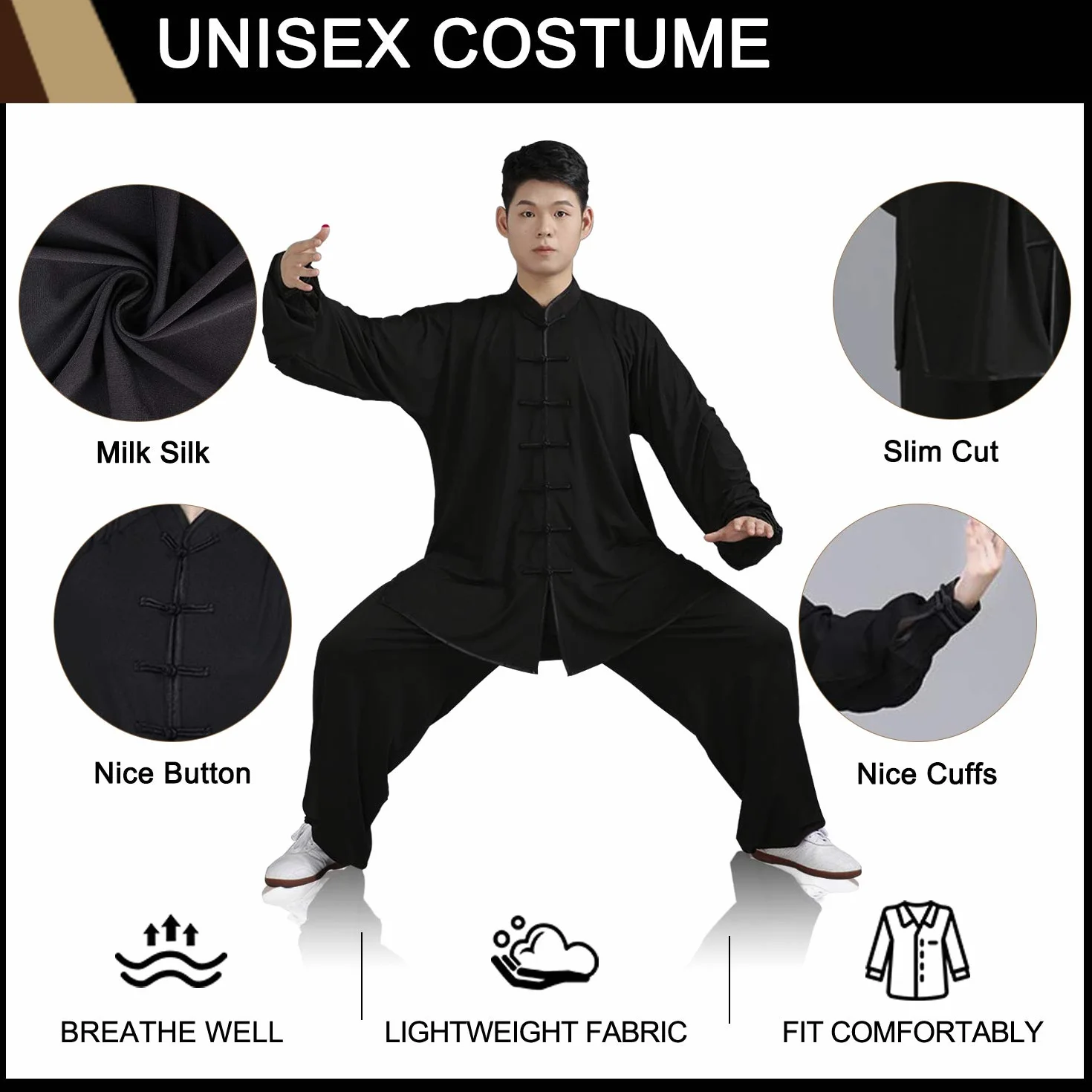 BBLAC 2KEY Odzież do sztuk walki, chińskie tradycyjne mundury dla Tai Chi i Wing Chun, kostium unisex z mlecznego jedwabiu, lekkie kostiumy do medytacji, Qigong, a, 3XL
