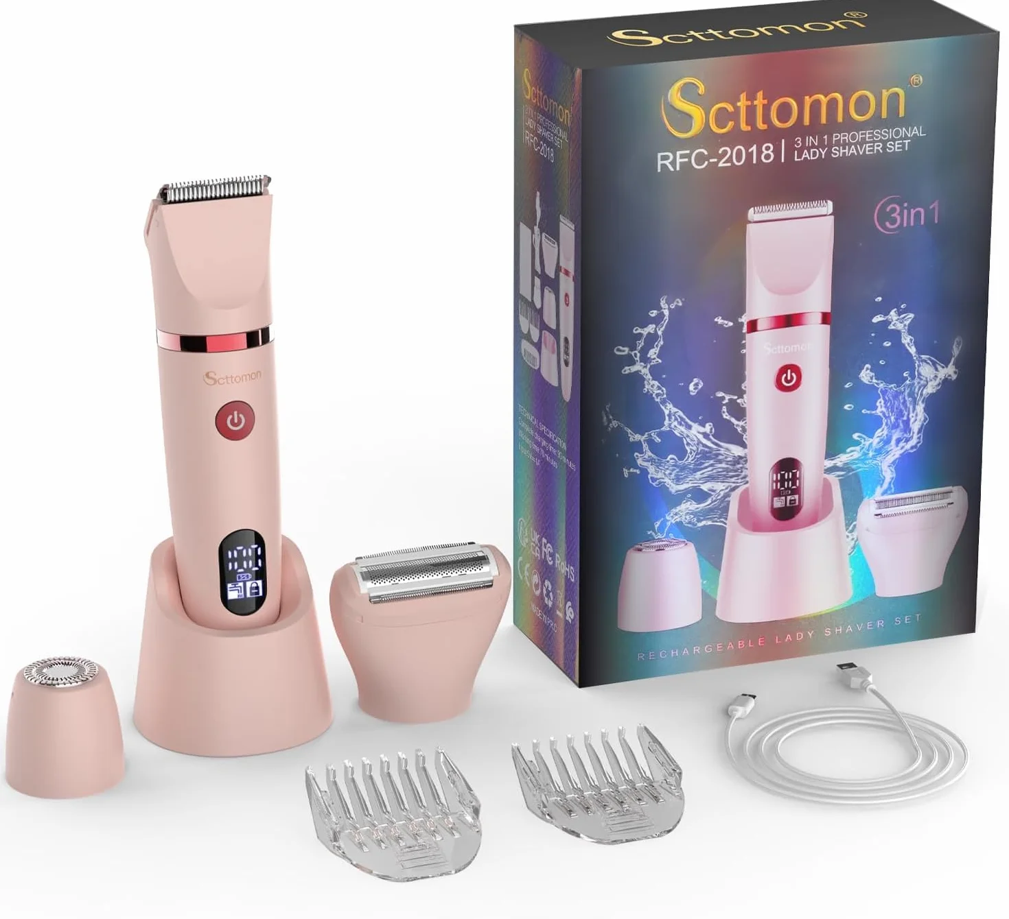 Scttomon 3-w-1 Brzytwa elektryczna IPX7 Wodoodporna przycinarka bikini Mokre użytkowanie Bezbolesne przycinarka osobiste Groomer Twarz Body Nogi Bikini Włosy publiczne Elektryczna golarka damska