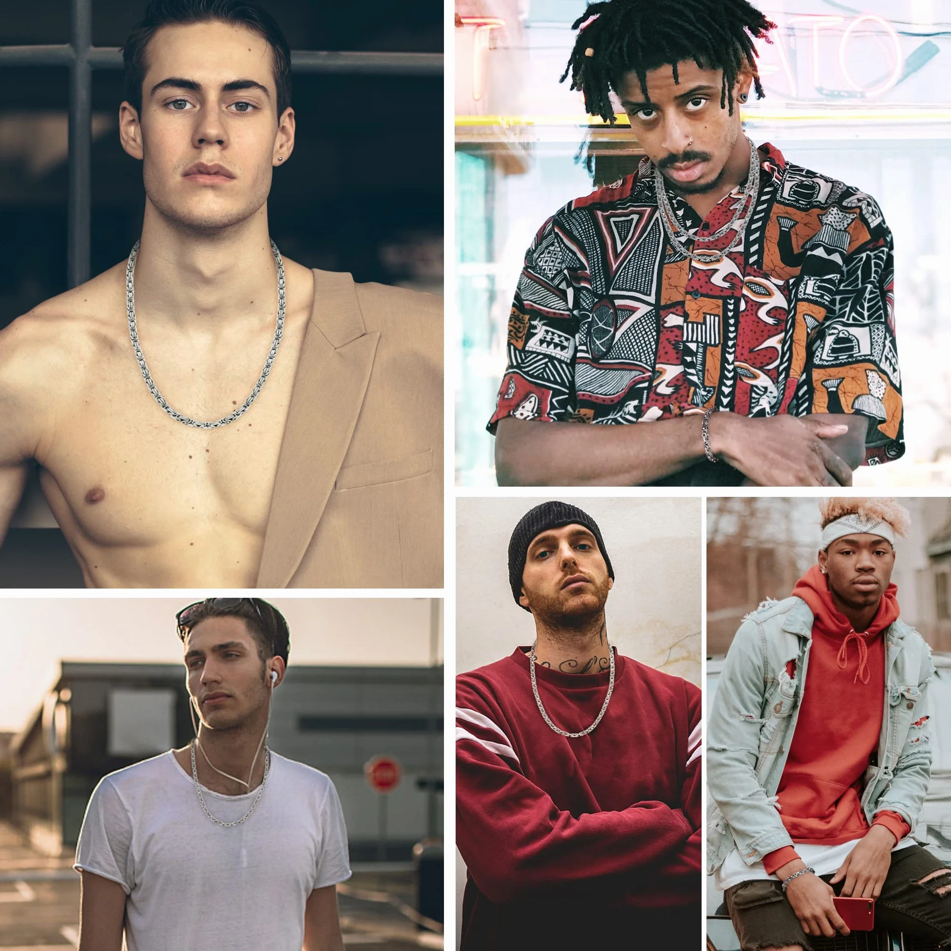 KRFY Męski łańcuszek bizantyjski i srebrna bransoletka 8 mm ze stali nierdzewnej, gruby łańcuszek, biżuteria hip-hop dla mężczyzn, chłopców, długość 51, 61, 71 cm