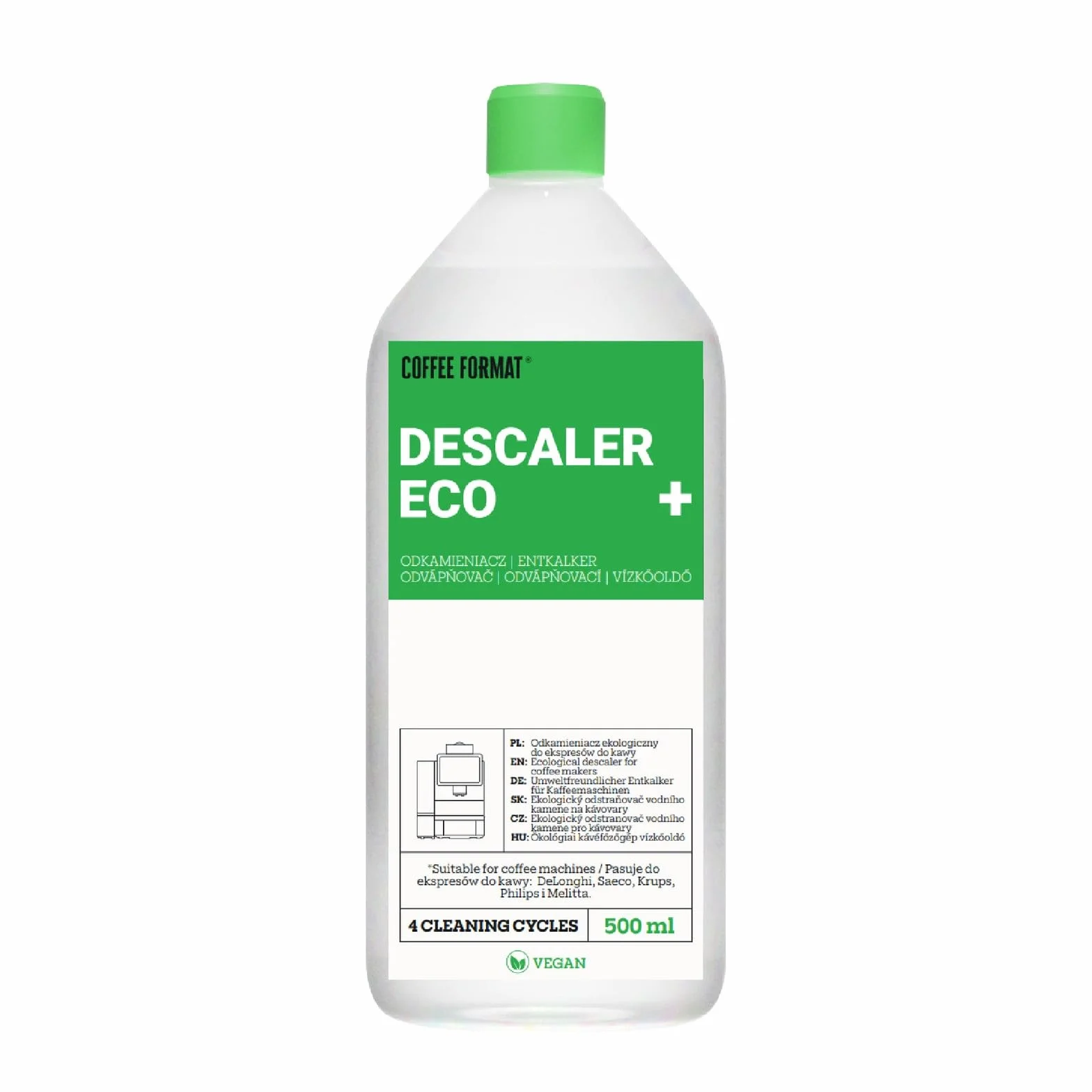 Eco Descaler+ 500ml, uniwersalny odkamieniacz do ekspresów w pełni automatycznych i ekspresów do kawy,kompatybilny z DeLonghi, Saeco, Krups, Philips, Melitta i wieloma innymi