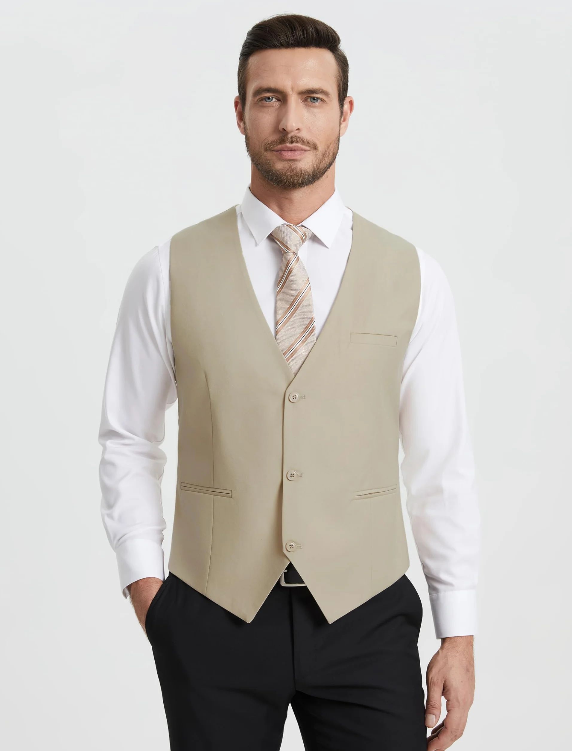 HISDERN Kamizelka garniturowa męska, elegancka kamizelka ślubna, regularny krój, klasyczna, formalna kamizelka garniturowa, jednokolorowa, dla pana młodego, smokingowa, kamizelka dla mężczyzn, z 3