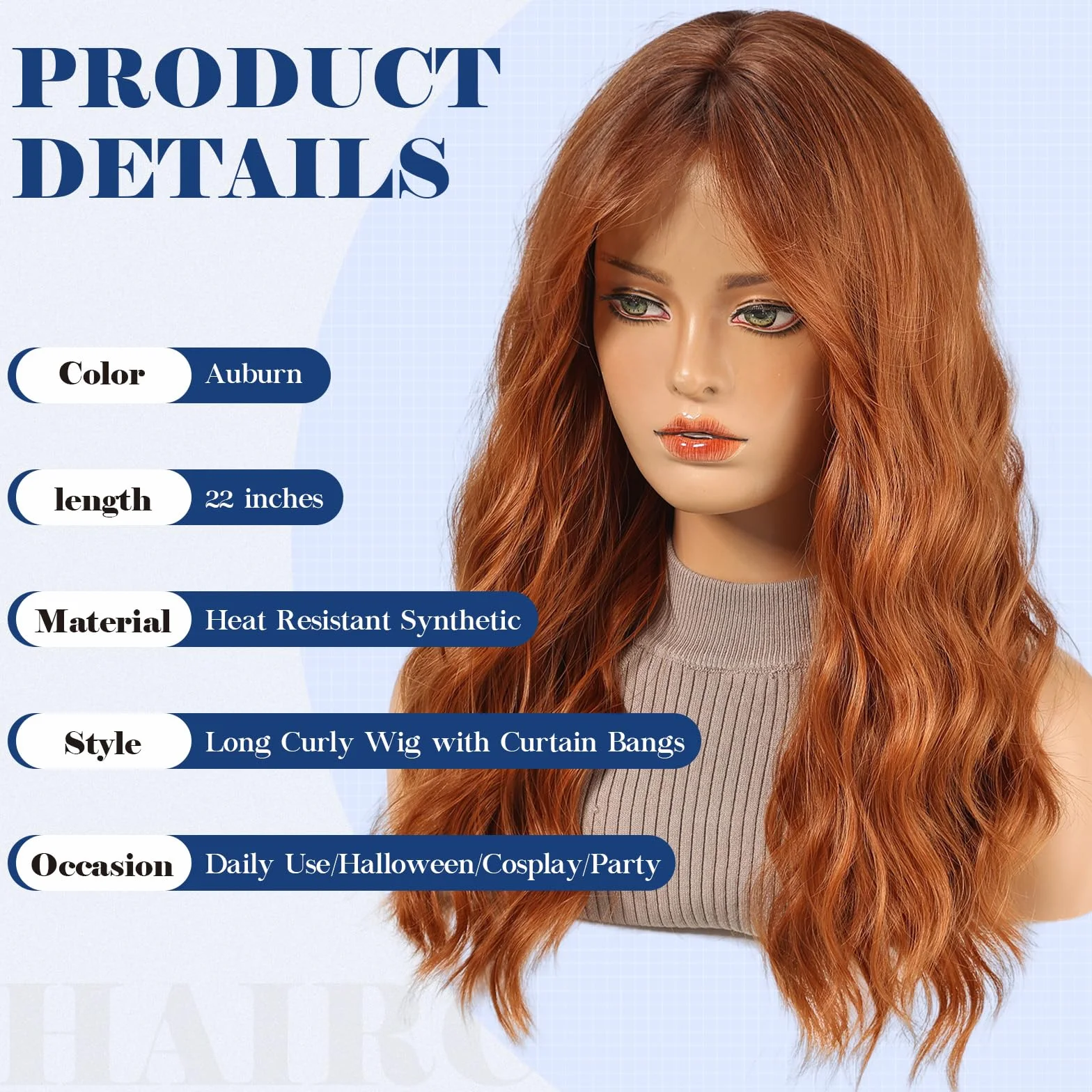 HAIRCUBE Peruka damska, długa peruka z kręconymi grzywkami, brązowe peruki dla kobiet, naturalne włosy syntetyczne 22 cali, odpowiednia na Halloween/imprezy/codzienne noszenie (Castano)
