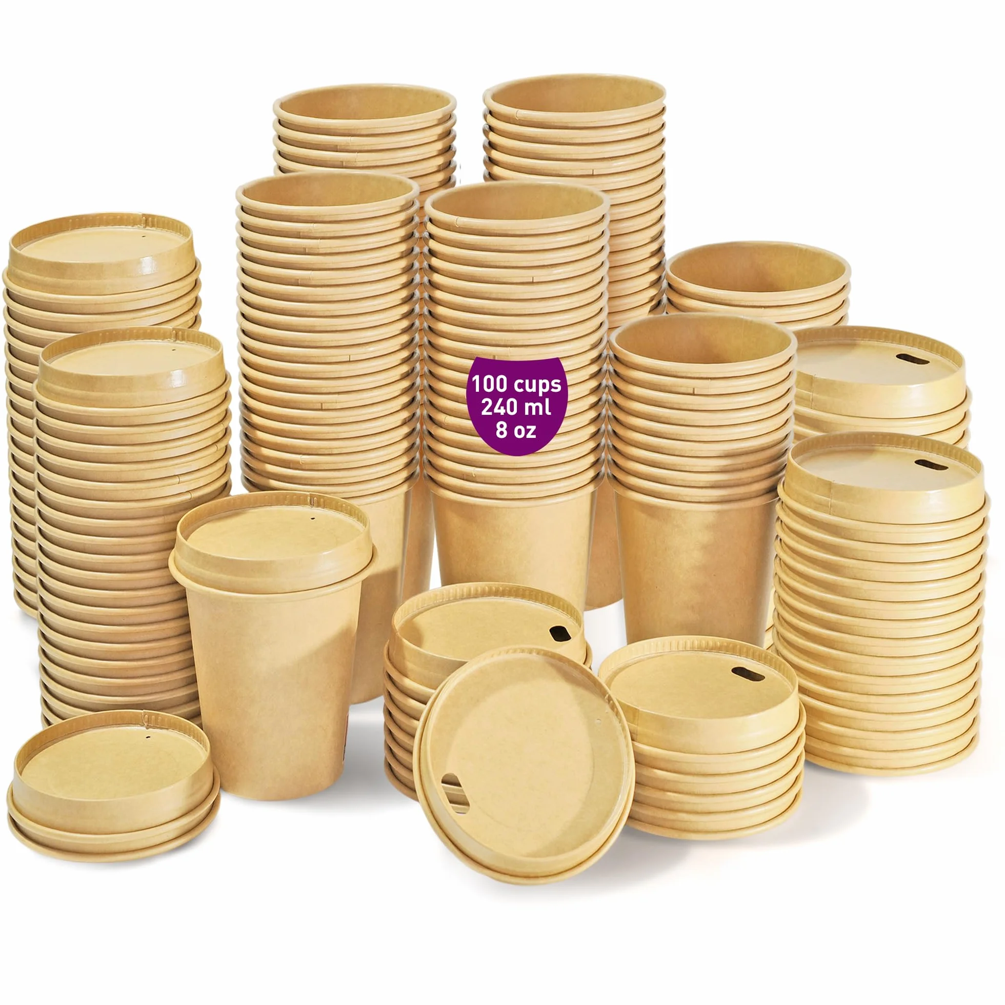 100 szt. jednorazowych kubków kraft 240 ml / 8 uncji z papierowymi pokrywkami, jednorazowe kubki kartonowe kraft do amerykańskiej kawy, latte i napoje gazowane na wynos