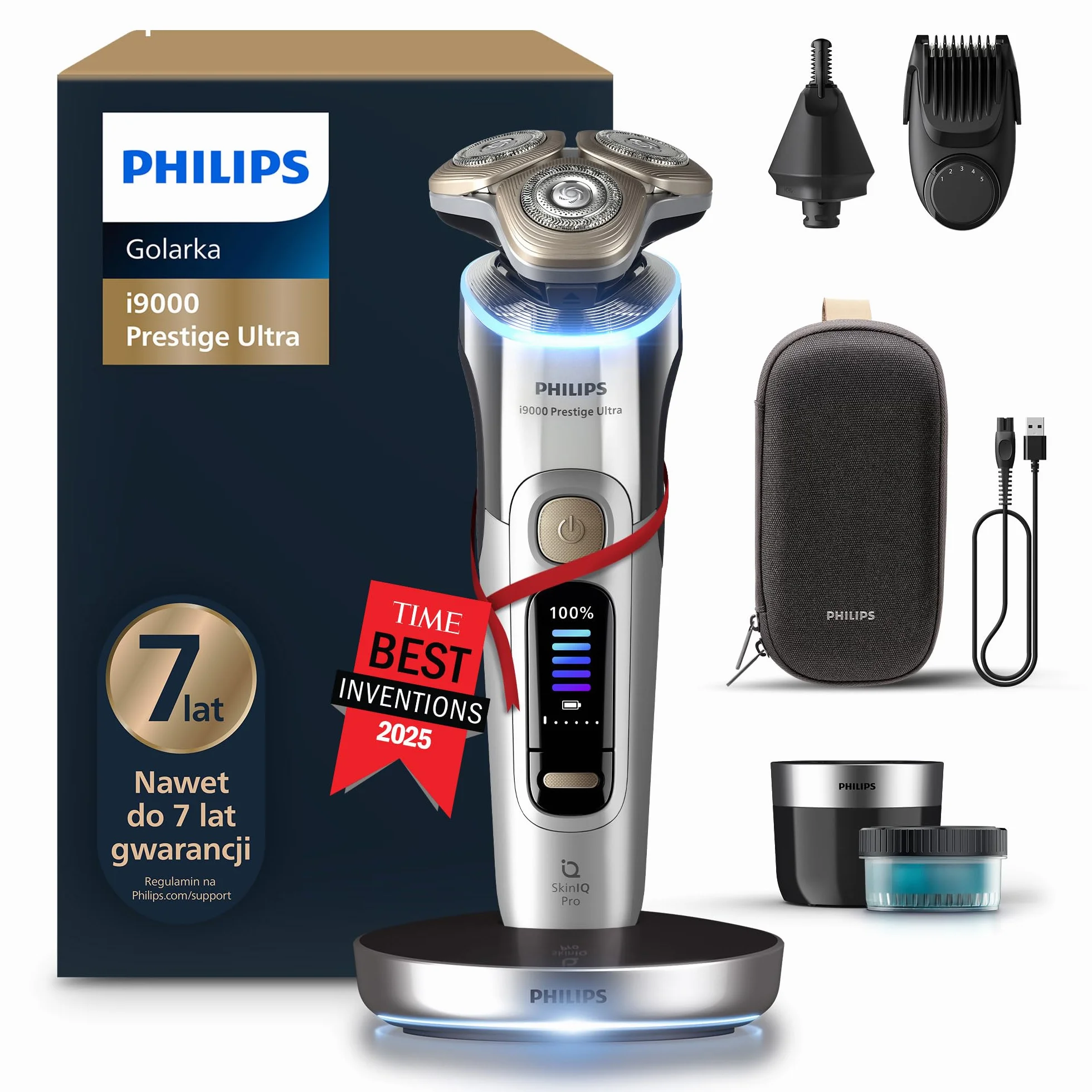 Philips Shaver i9000 Prestige Ultra, golarka elektryczna do golenia na sucho i mokro z technologią Skin IQ Pro, System Triple Lift & Cut, obrotowe 360º ostrza, 5 trybów golenia, Model XP9404/38
