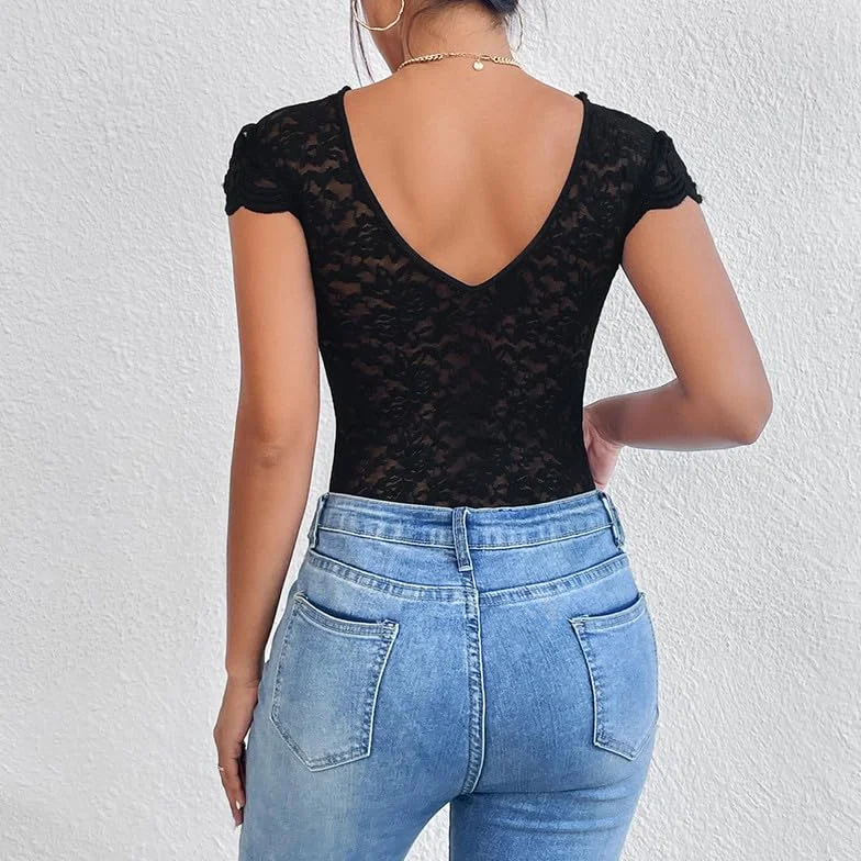 Haibang Seksowne damskie koronkowe body z dekoltem w szpic body kwiatowy top obcisła bluzka z krótkim rękawem bezrękawnik eleganckie koszule Cami Bluzka Clubwear