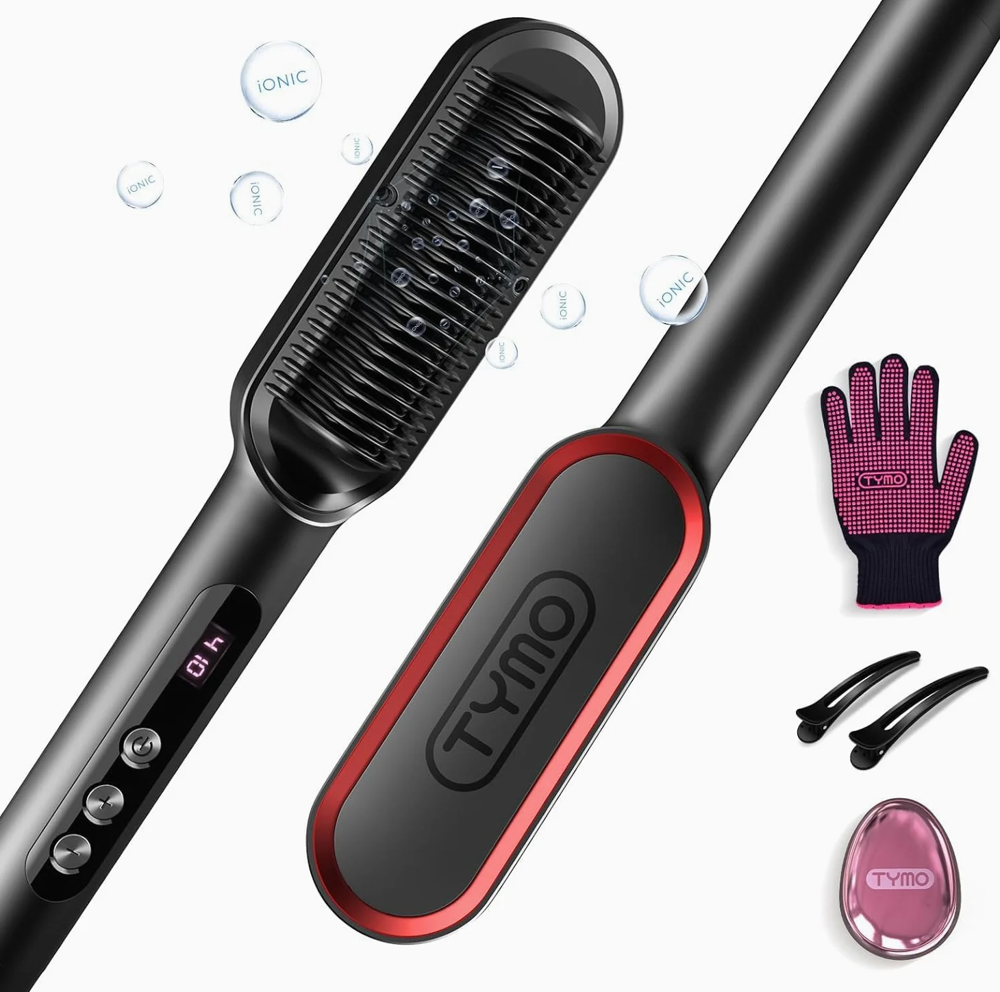 TYMO RING PLUS Ionic Hair Straightener Comb – szczotka do prostowania włosów z powłoką nano-tytanową zapewnia równomierne nagrzewanie, 9 ustawień temperatury i ekran LCD