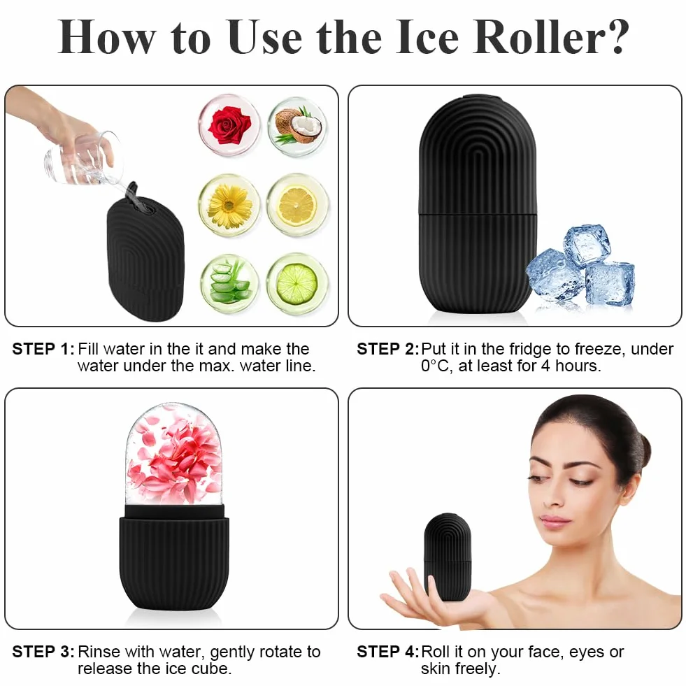 flintronic Ice Face Roller, silikonowy wałek do lodu, wielokrotnego użytku, narzędzia do pielęgnacji skóry dla jędrnej skóry, minimalizują linie oczu, rozjaśnia twarz (czarny)