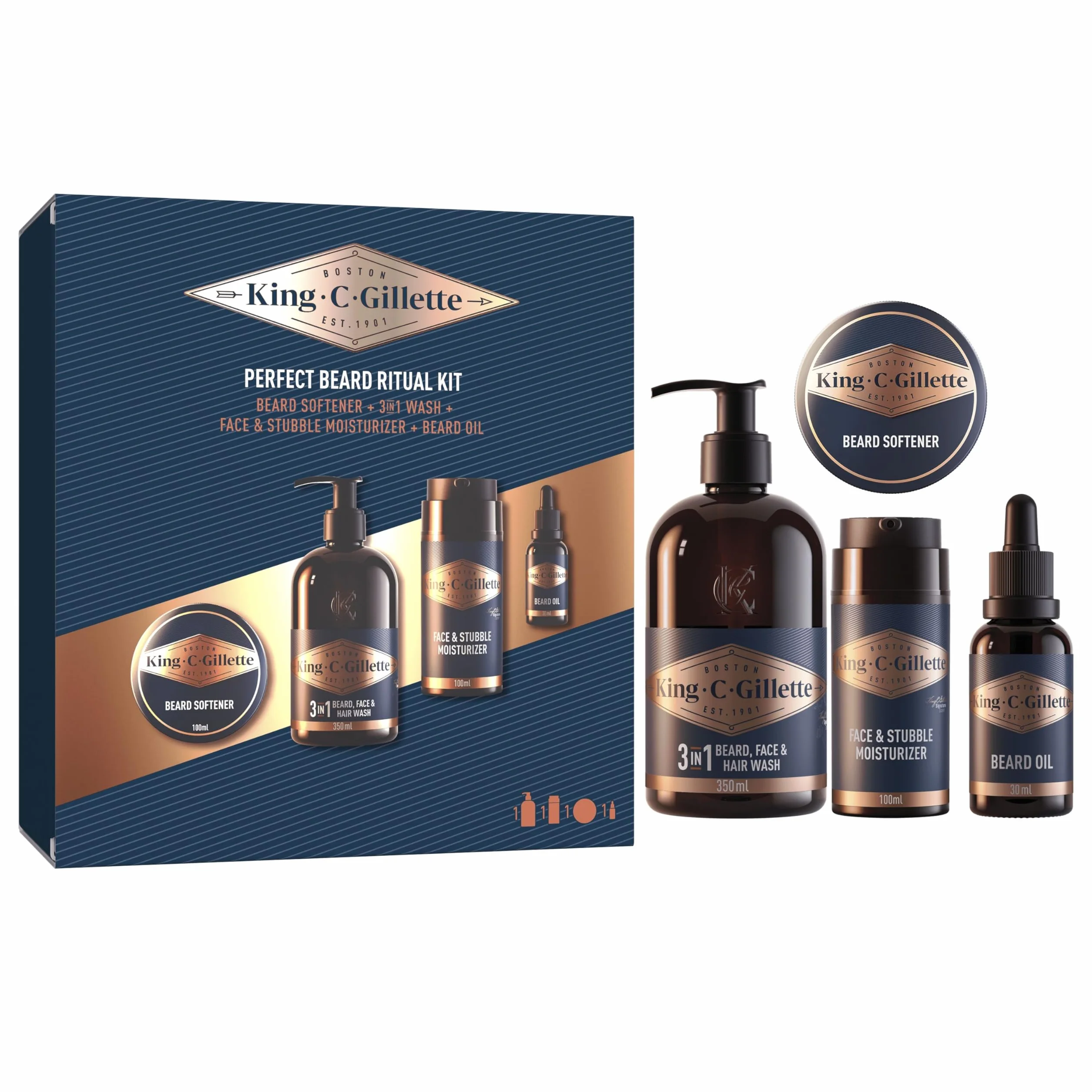 King C. Gillette Zestaw do pielęgnacji brody i twarzy 350 ml + balsam do brody 100 ml, nawilżający brodę i twarz 100 ml + olejek do brody 30 ml