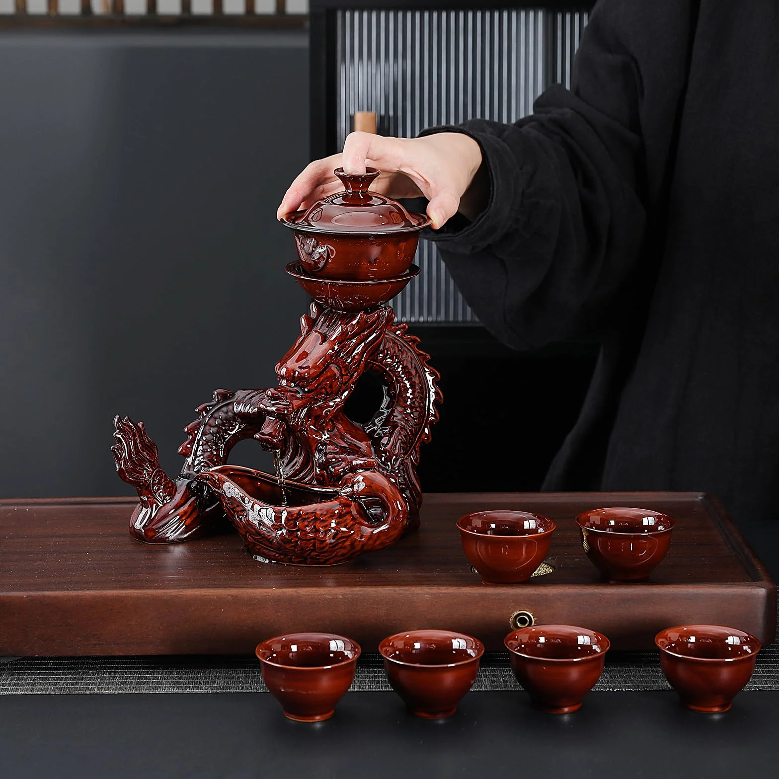 fanquare Półautomatyczny zestaw do herbaty chiński Loong Kungfu czajniczek filiżanka do herbaty czerwona porcelana serwis do herbaty dla mężczyzn dorosłych