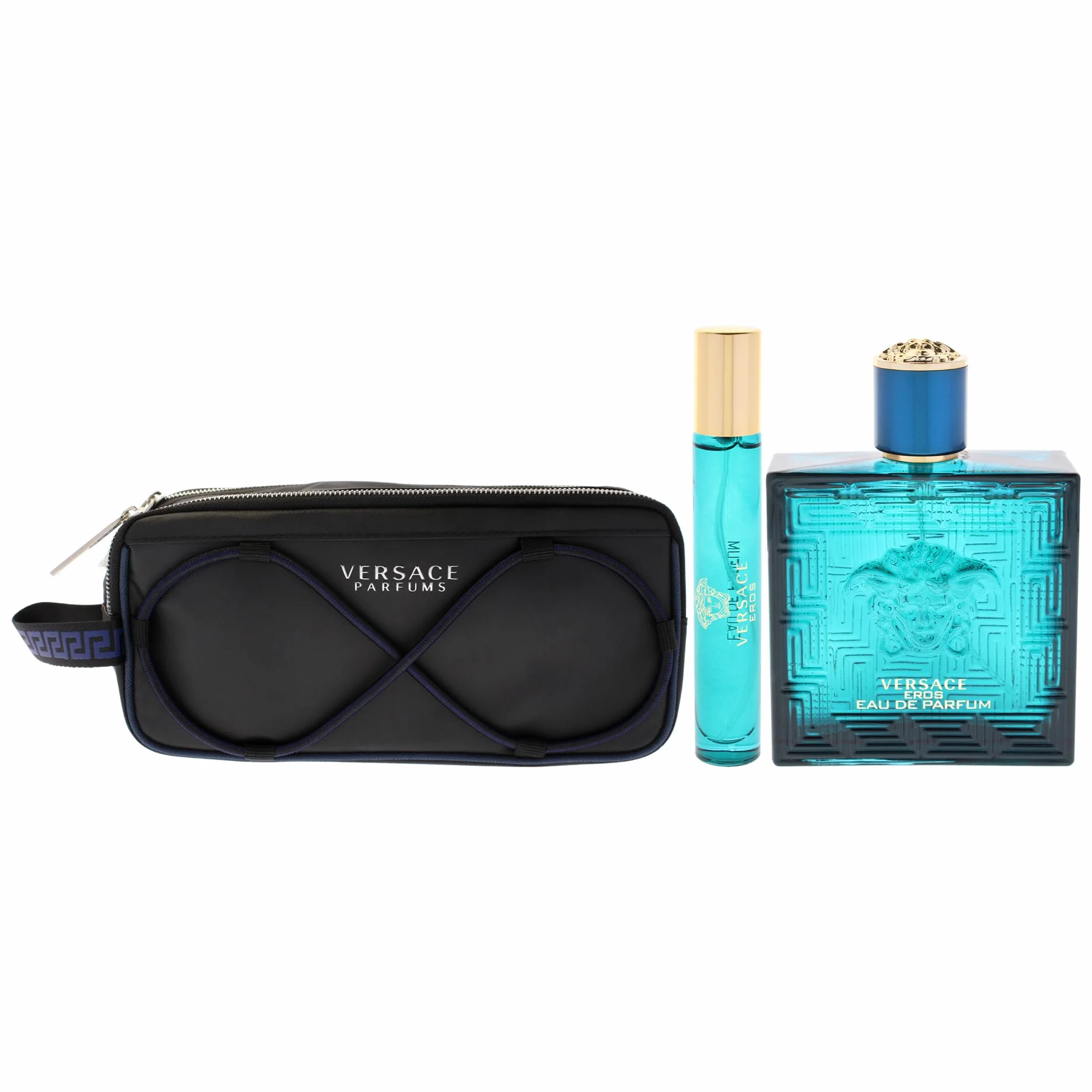 Versace Eros Eau de Parfum zestaw upominkowy 2025-100 ml EDP, spray podróżny 10 ml i torba na przybory toaletowe