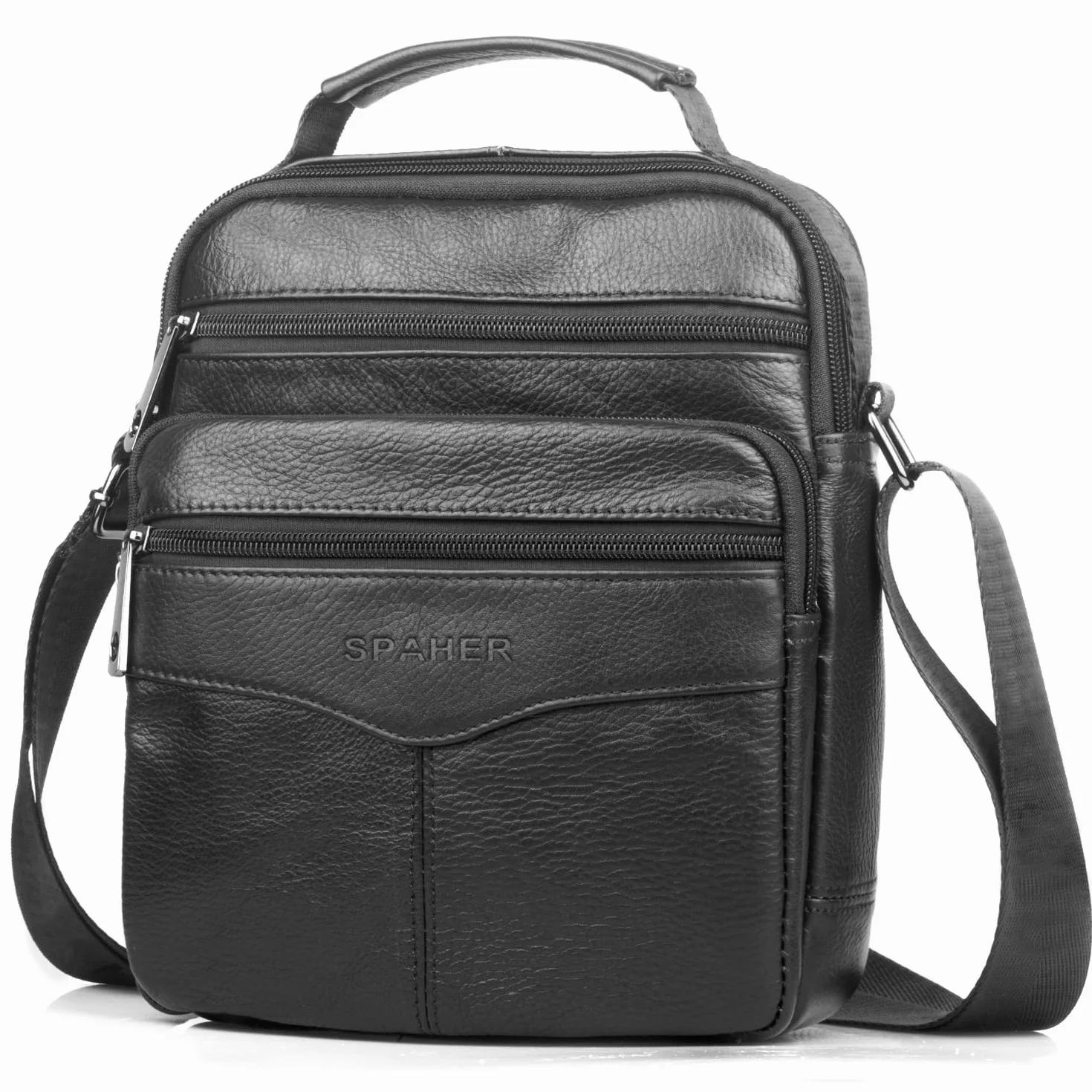 SPAHER Duża Skórzana Torba Męska na Ramię Listonoszka Męska do 11-Calowego Tabletu Torby na Ramię Torebki Męskie Vintage z Odpinanymi Ramiączkami Messenger Shoulder Bag Men Handbag, Czarny