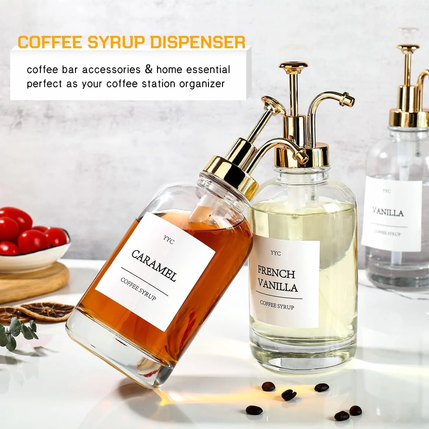 Dozownik syropu kawowego, dozownik syropu 500 ml, szklana butelka syropu z eleganckimi pompkami i 36 etykietami, lejkiem i pompką, dozownik do syropu, dozownik miodu, pompa do syropu kawowego