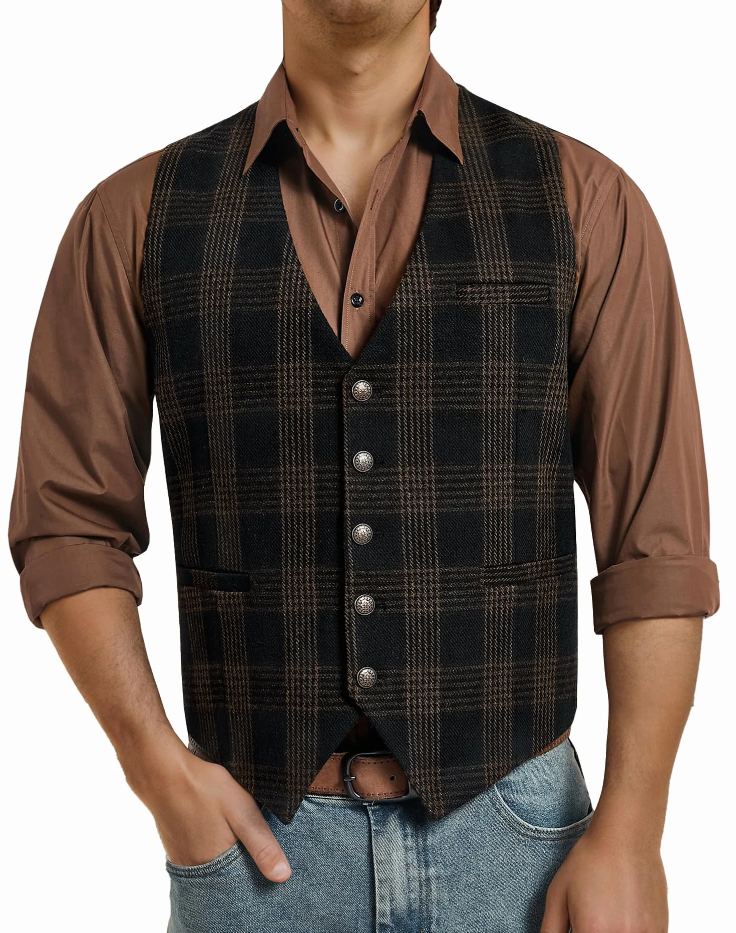 Enlision Męska kamizelka vintage formalna na co dzień gładka kratka płaszcz dla mężczyzn regularny krój tweed ślub biznesowy męski garnitur kamizelka z kieszenią XS-4XL