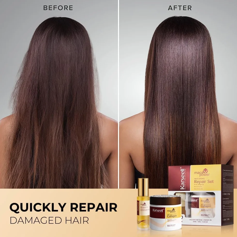 Karseell Maca Essence Repair Set, Collagen Hair Mask & Hair Oil Głęboka naprawa włosów Pielęgnacja suchych i zniszczonych włosów Wszystkie rodzaje włosów 500 ml + 50 ml